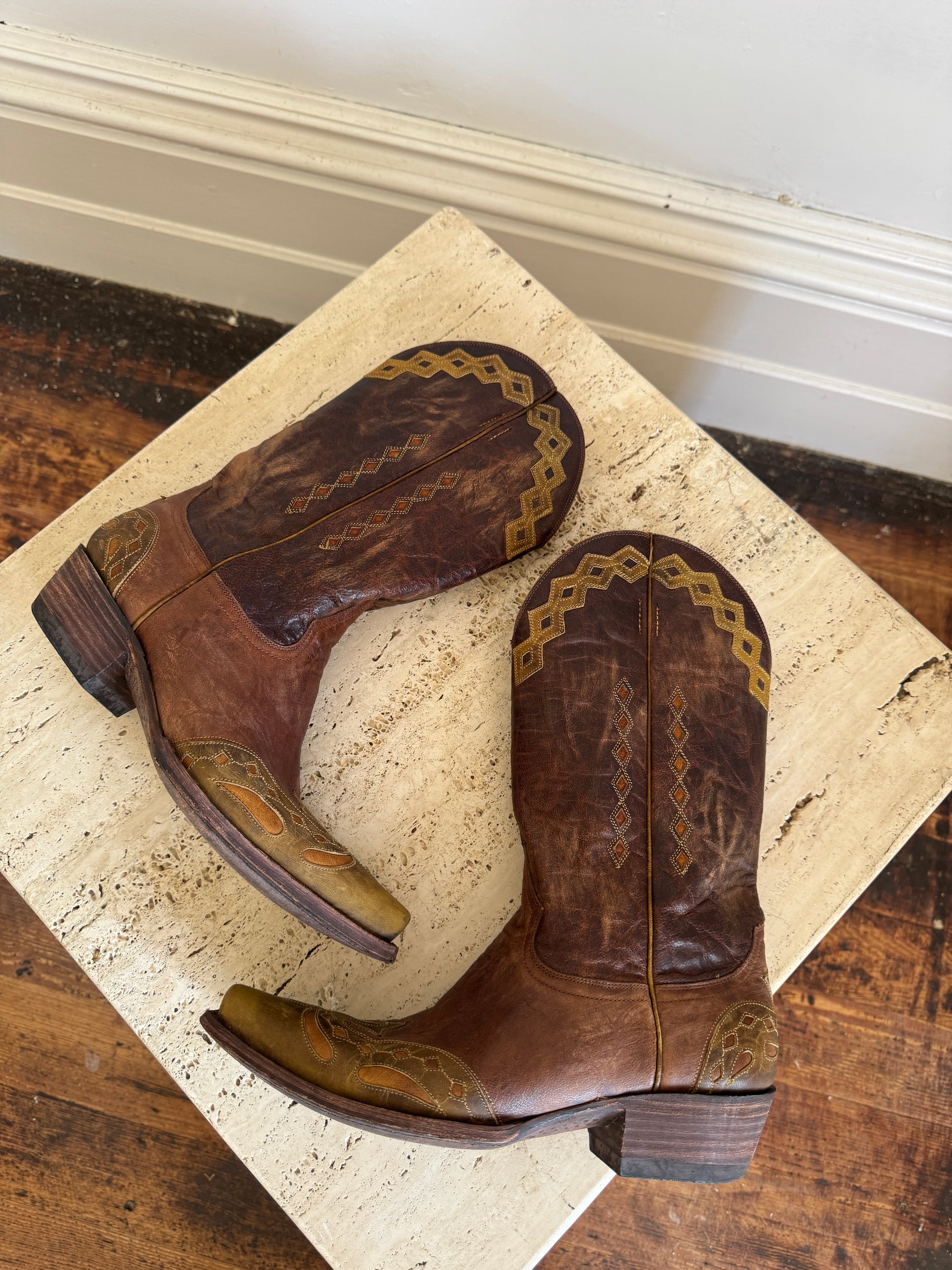 Vintage Mexican Old Gringo Western Cowboy Boots Cognac Brown