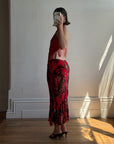 Vintage Y2K Burnt Velvet Beaded Fringe Halter and Skirt Set Crimson