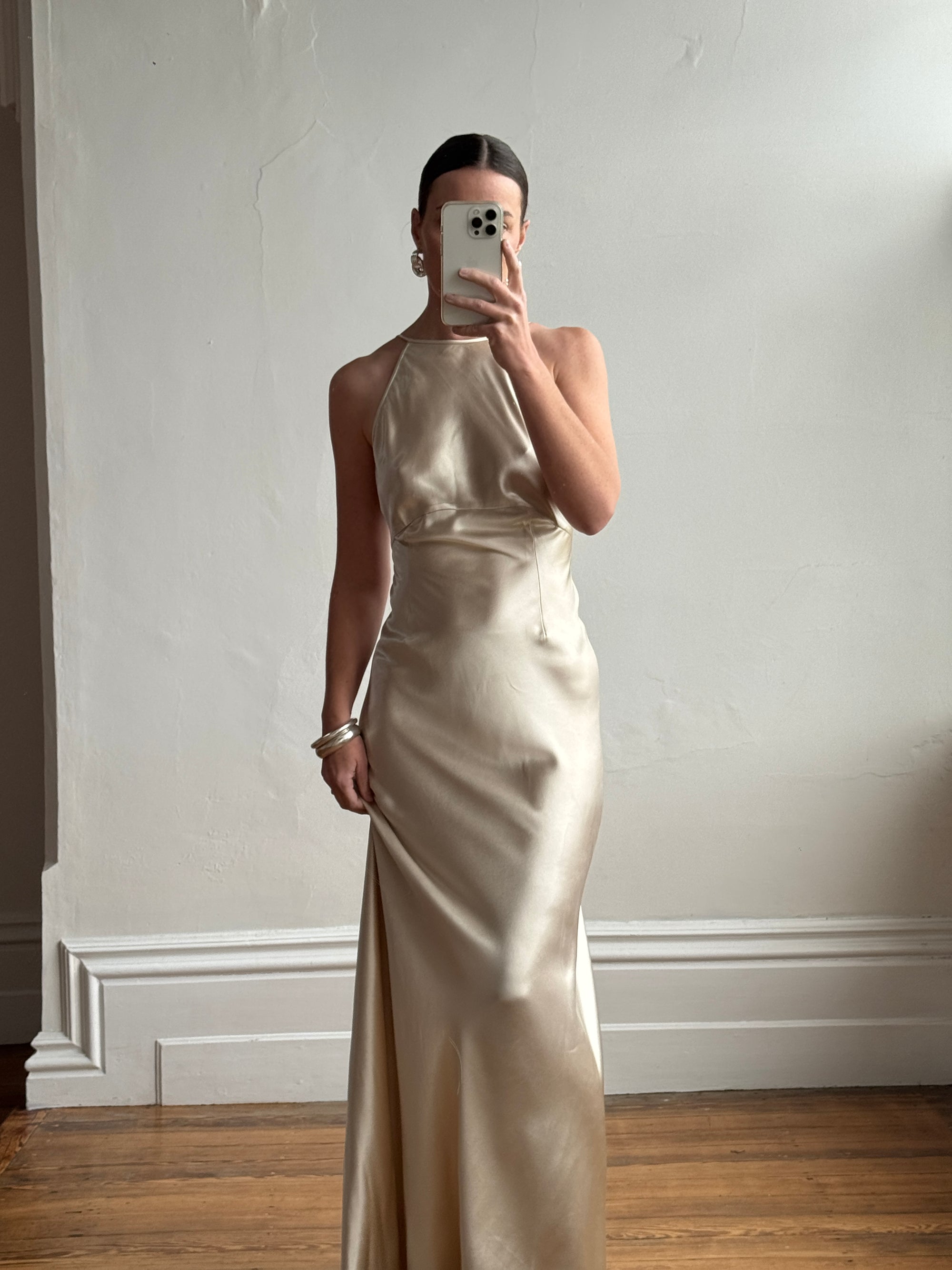 Vintage 90s Plein Sud Champagne Satin Halter Gown