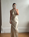 Vintage 90s Plein Sud Champagne Satin Halter Gown