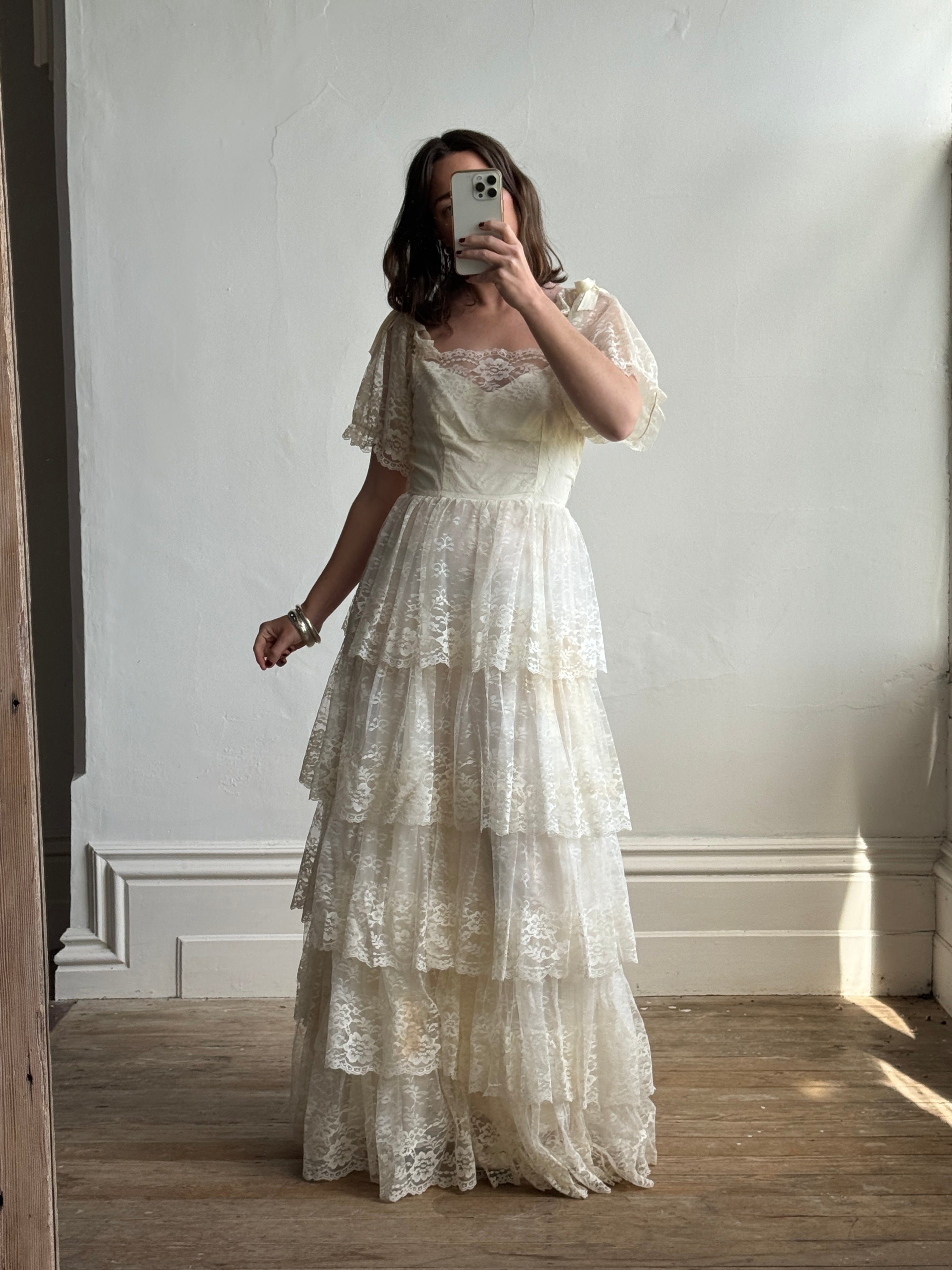 Vintage 70s Tiered Lace Wedding Dress With Bows