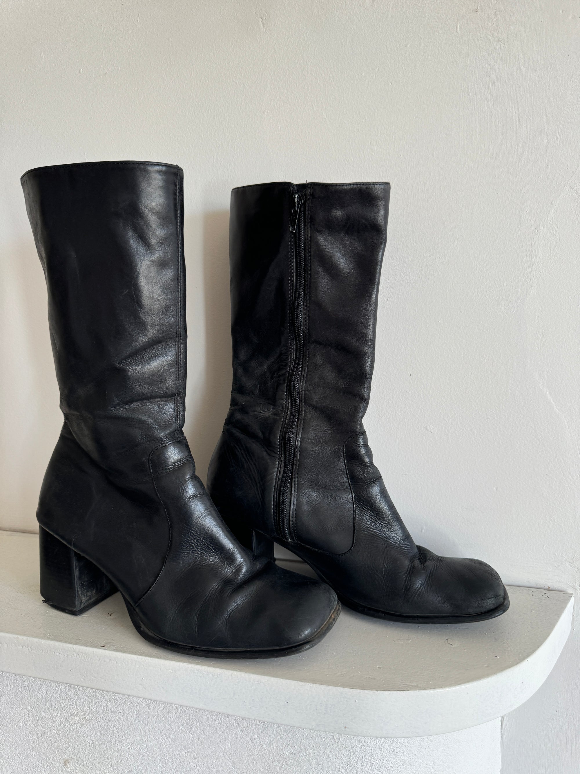 Vintage 90s Square Toe Genuine Leather Boots Noir