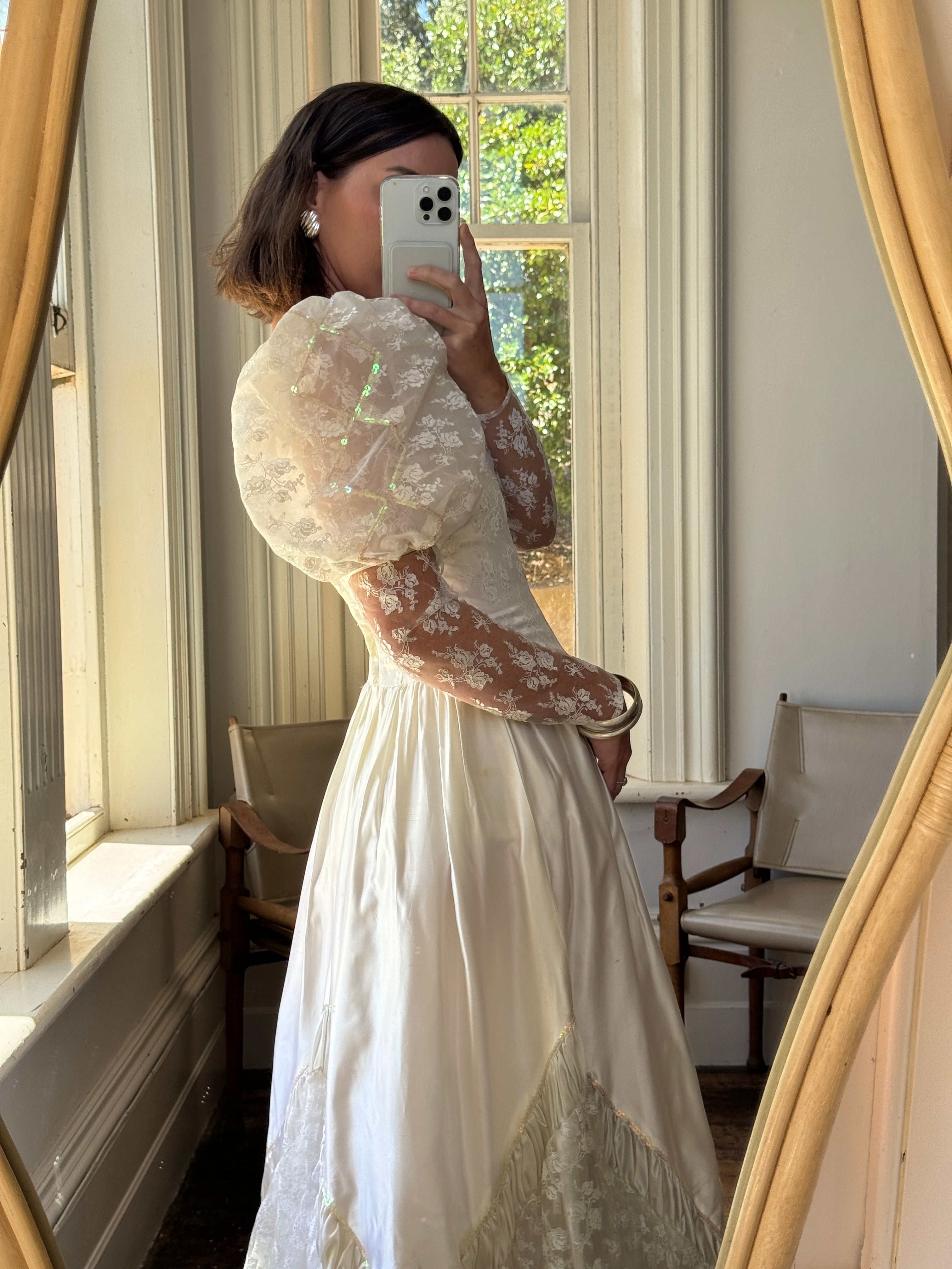 Vintage 80s Lace Satin Sequin Panelled Wedding Gown