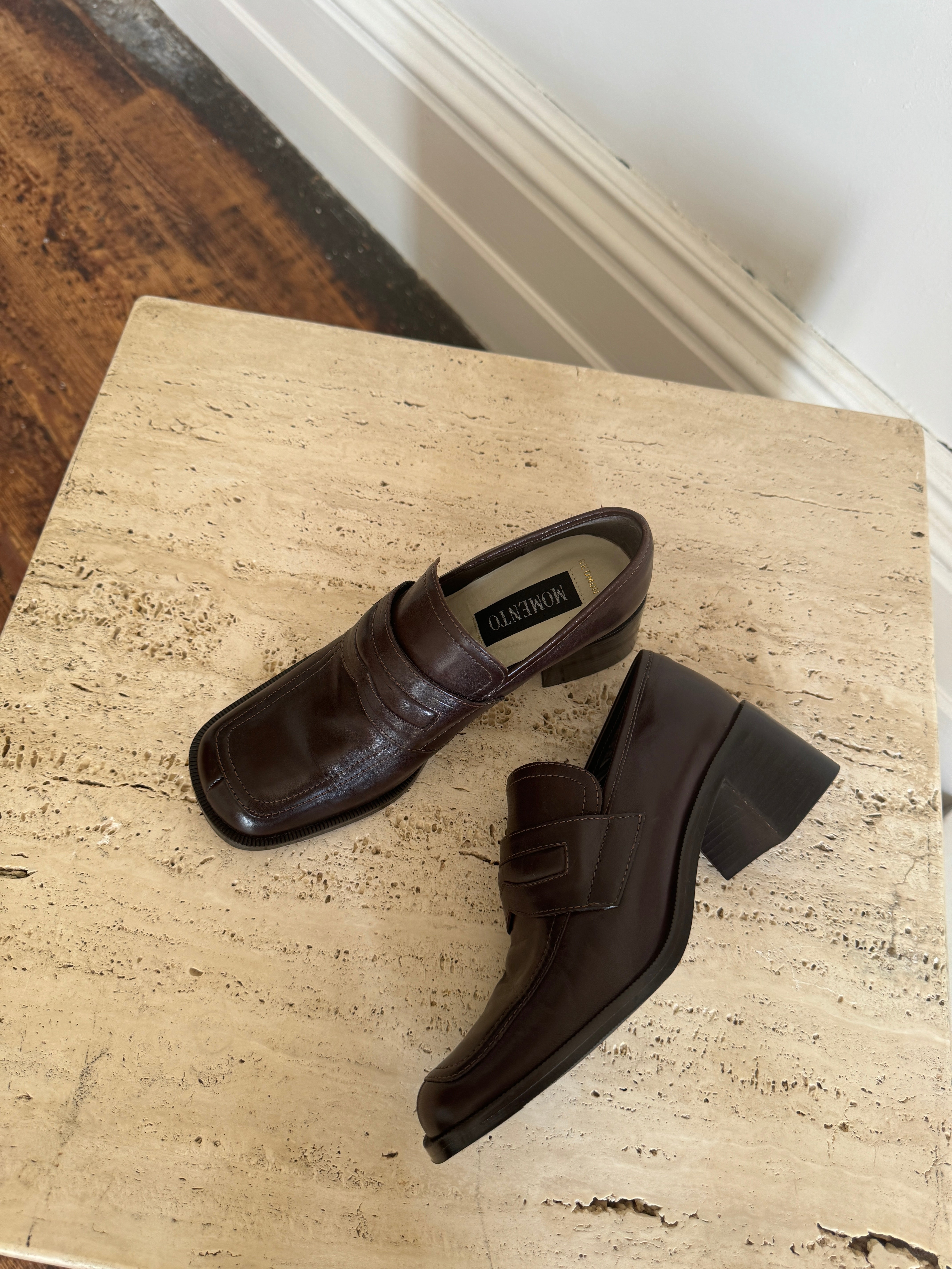 Vintage 90s Leather Heeled Loafers Brown