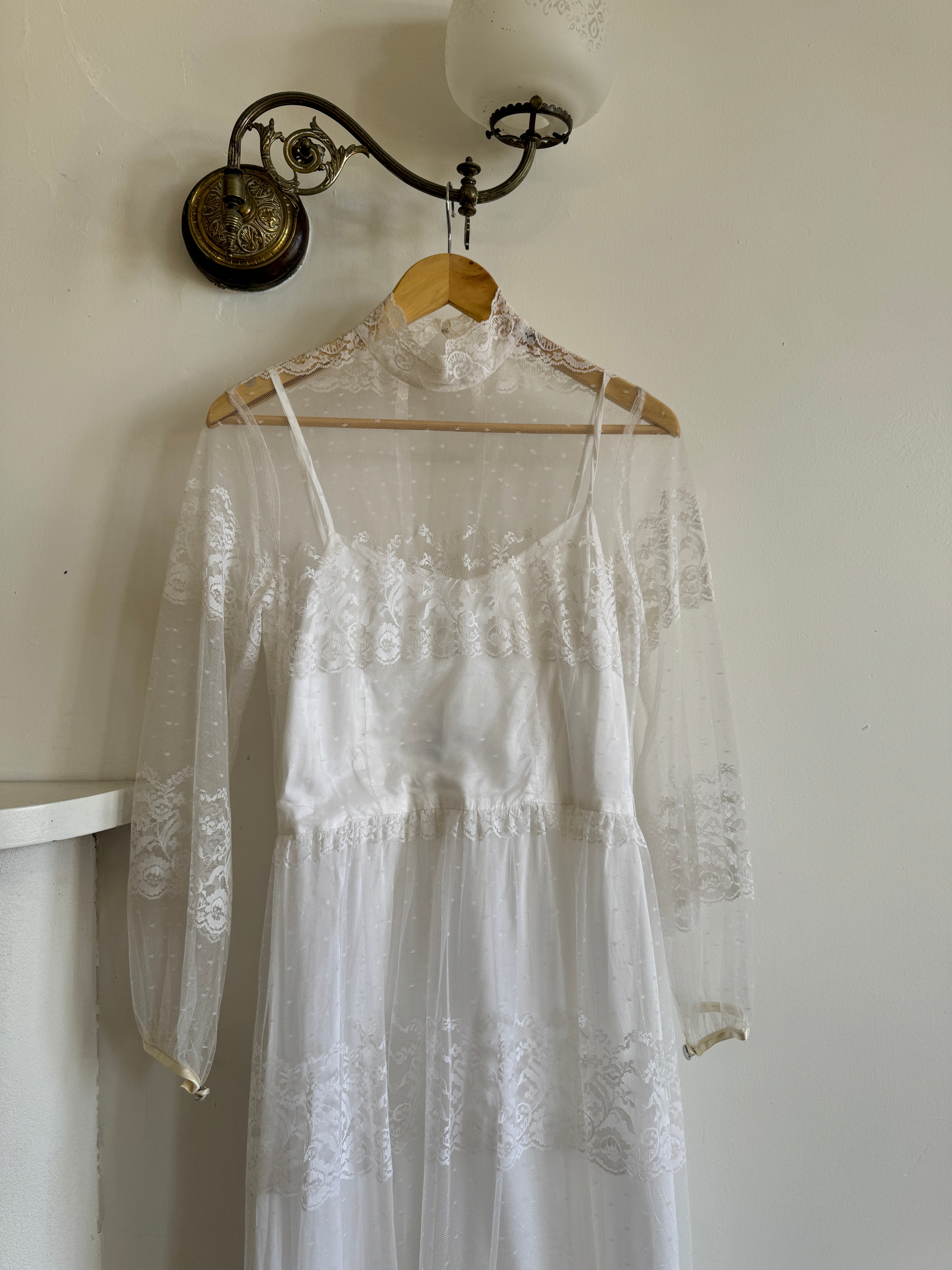 Vintage 70s Lace Long Sleeved High Neck Wedding Dress