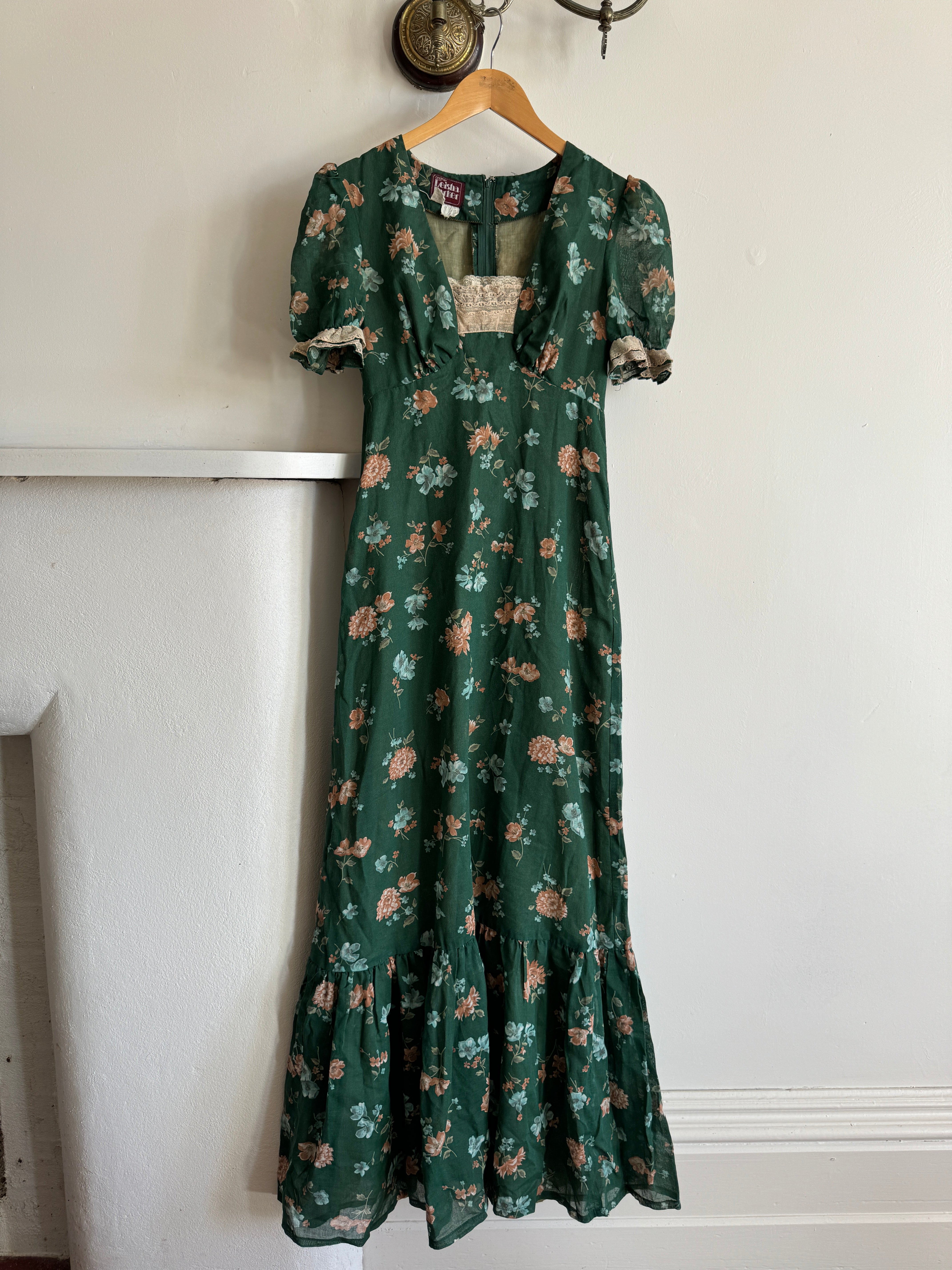 Vintage 70s Teal Garden Dress with Creme Lace