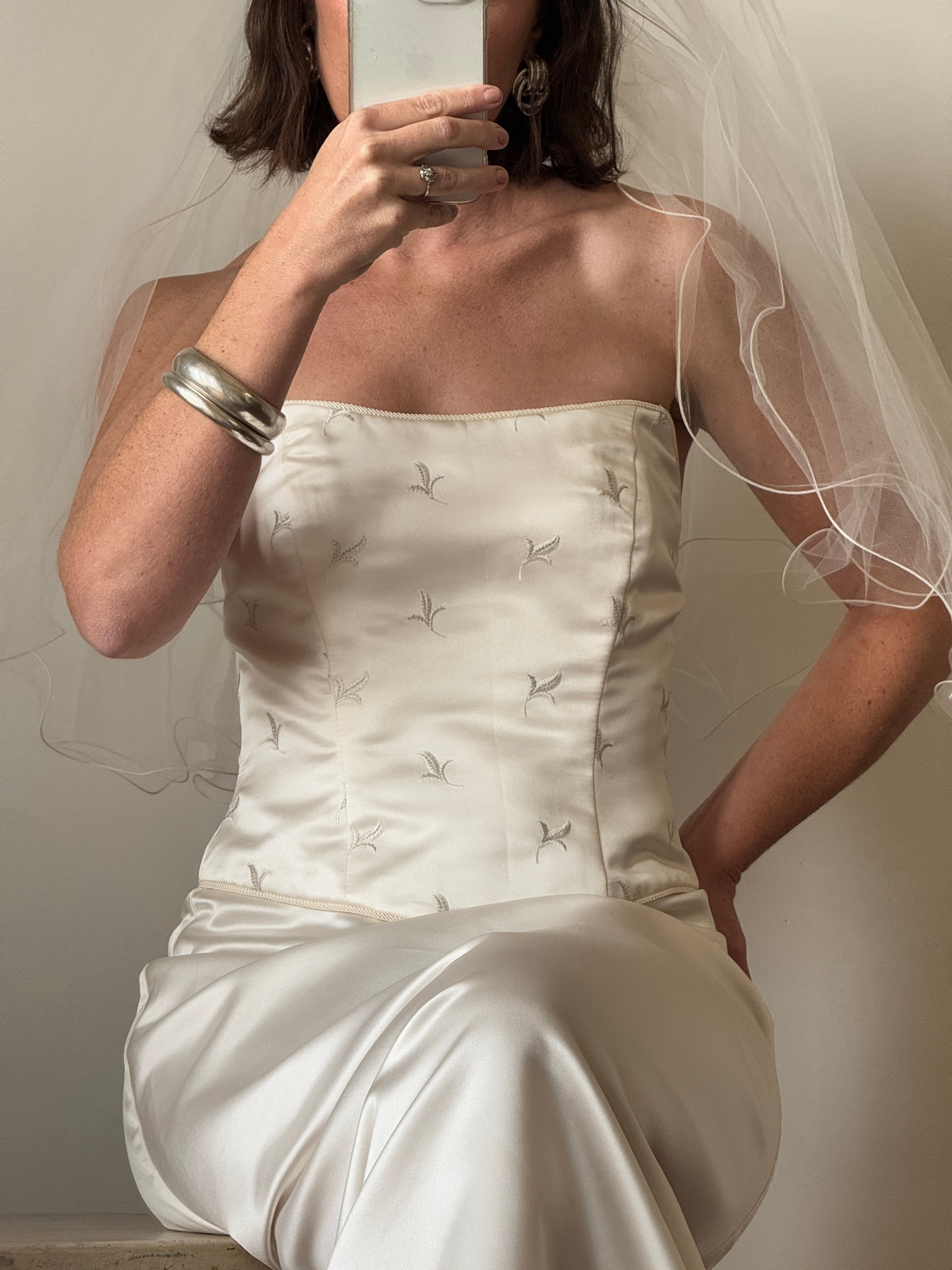 Vintage 90s Australian Made Column Strapless Satin Wedding Dress