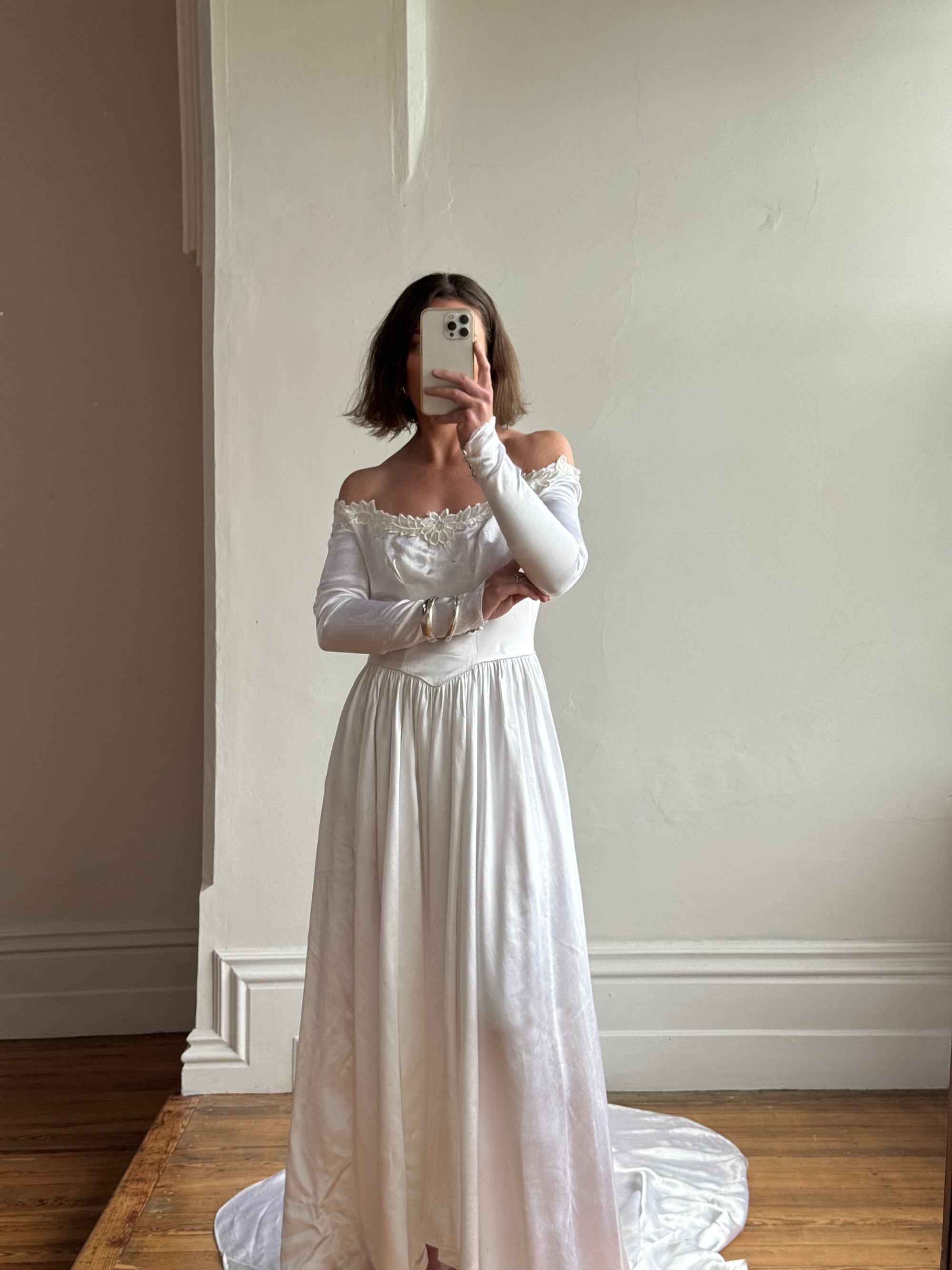 Vintage 50s Liquid Satin Scoop Applique Wedding Gown