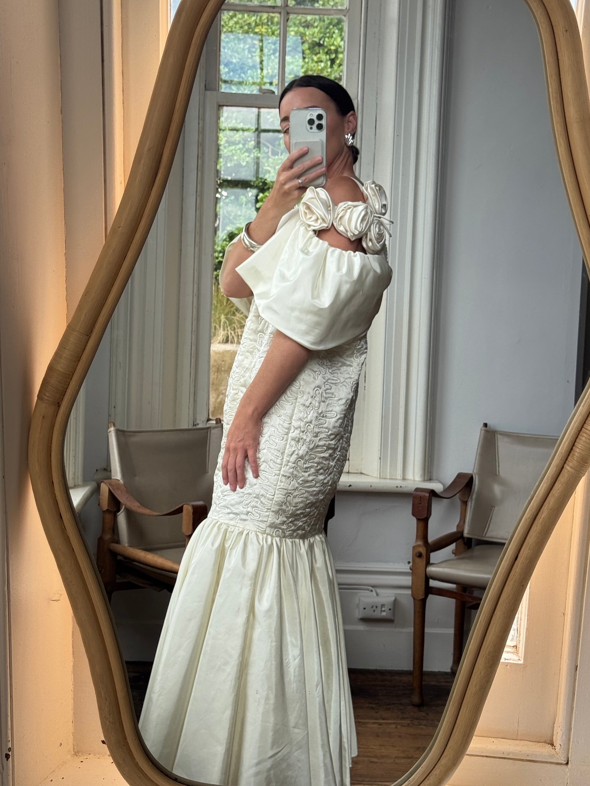 Vintage 80s Drop Waist Quilted Wedding Dress Creme
