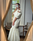 Vintage 80s Drop Waist Quilted Wedding Dress Creme