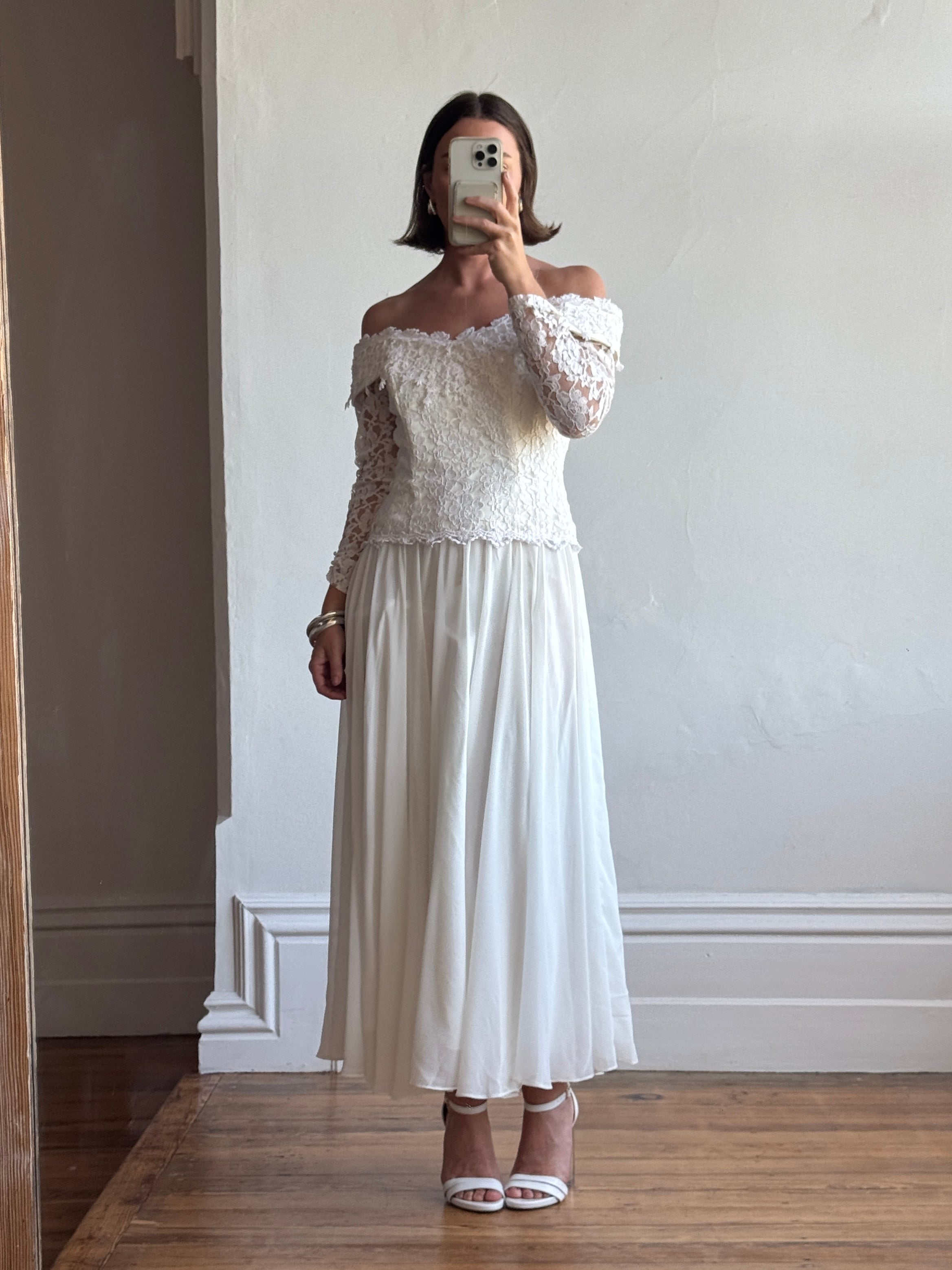Vintage 90s Lace Off The Shoulder Chiffon Wedding Dress