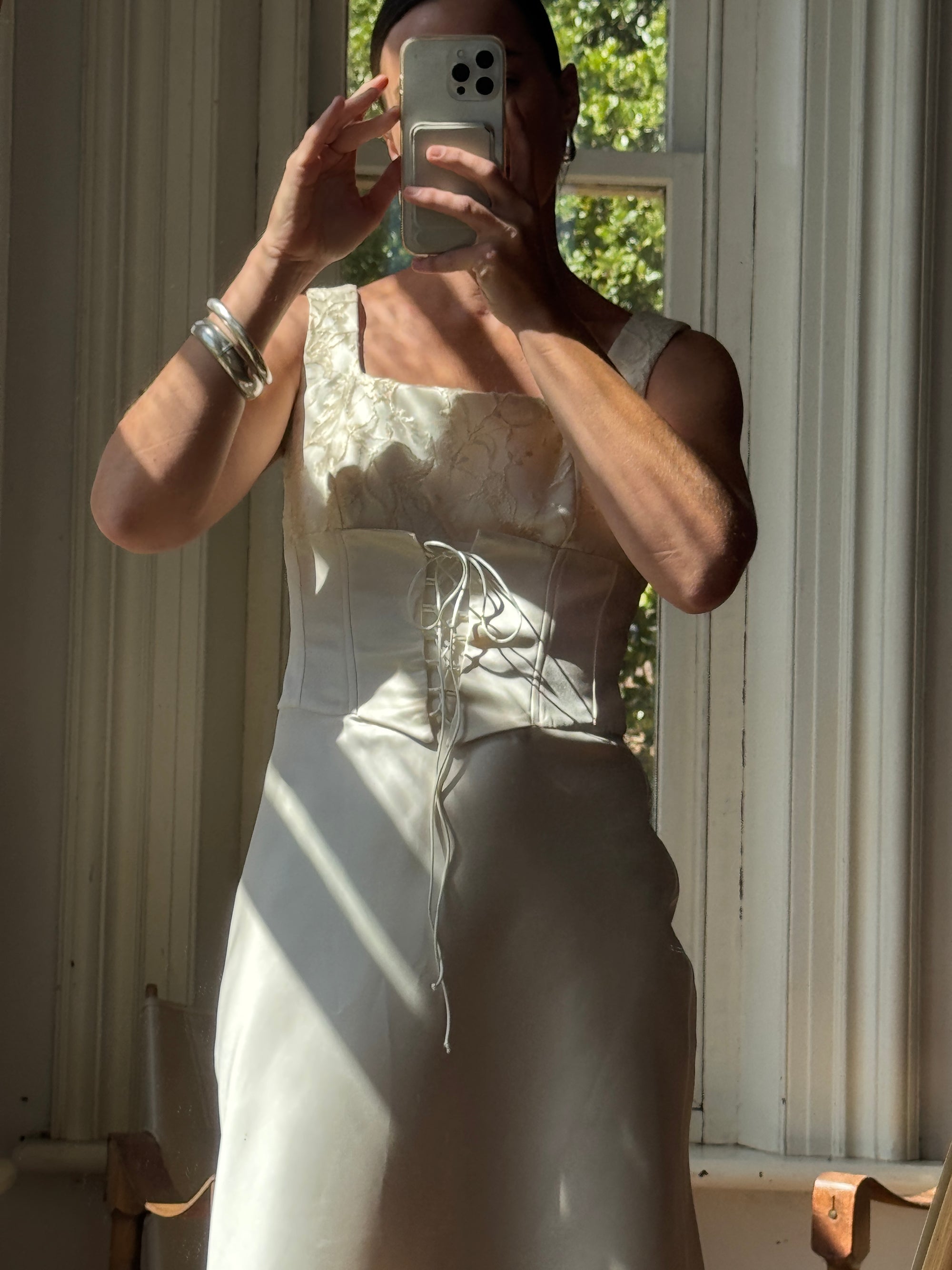 Vintage 90s Lace Up Waist Satin Column Wedding Dress