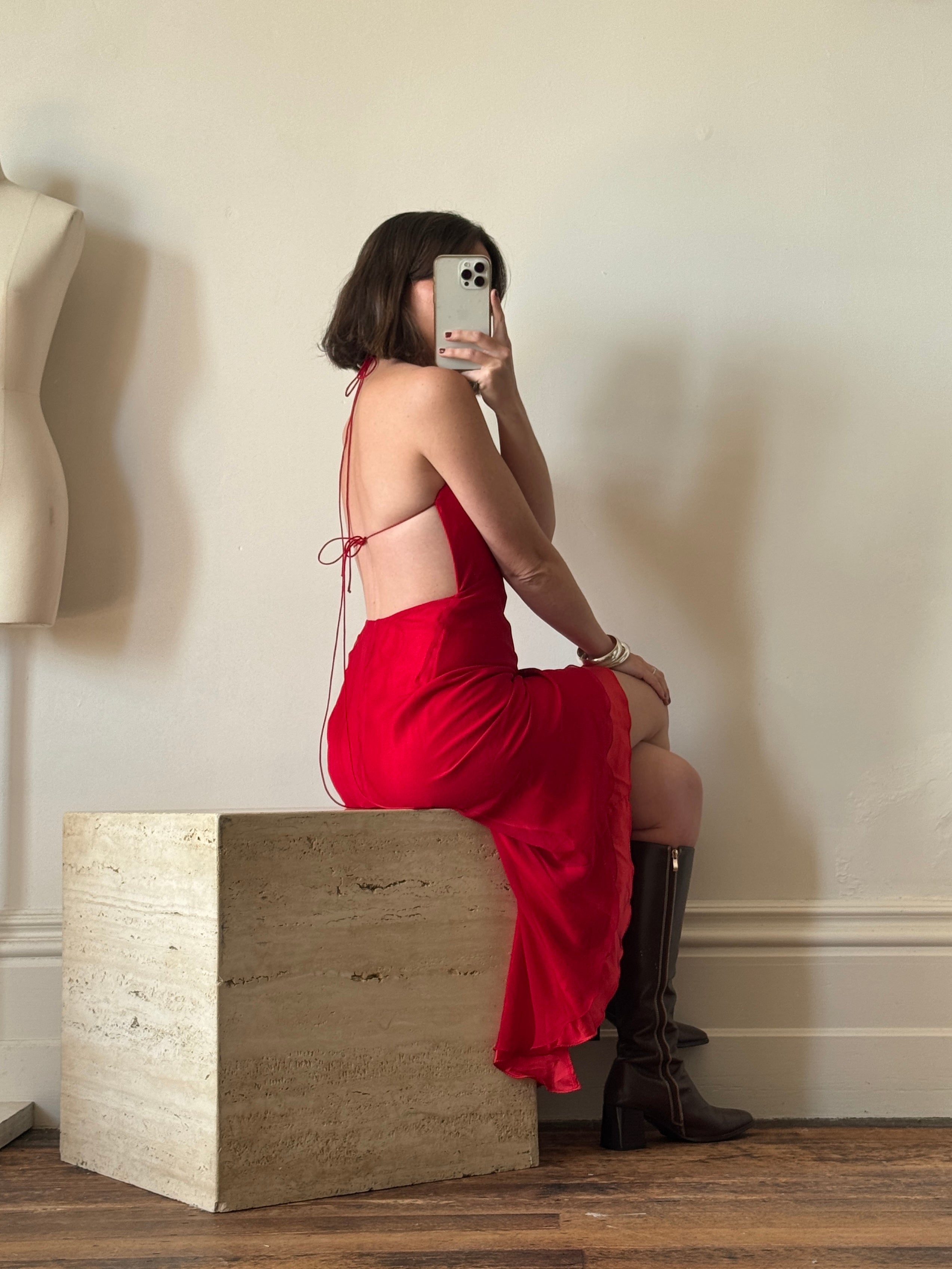 Vintage 90s Pure Silk High Low Halter Bias Dress Red