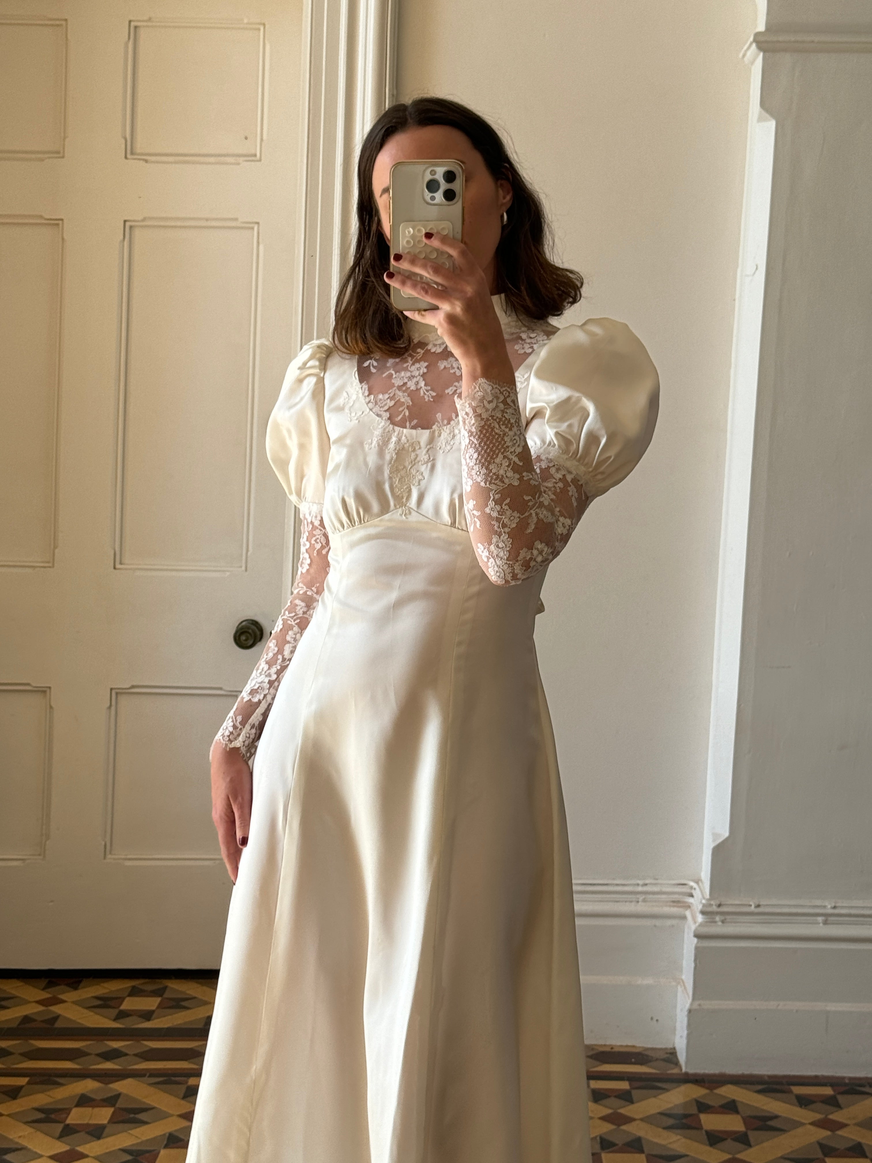 Vintage 80s Satin A-Line Wedding Gown with Puff Sleeves