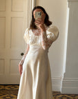 Vintage 80s Satin A-Line Wedding Gown with Puff Sleeves