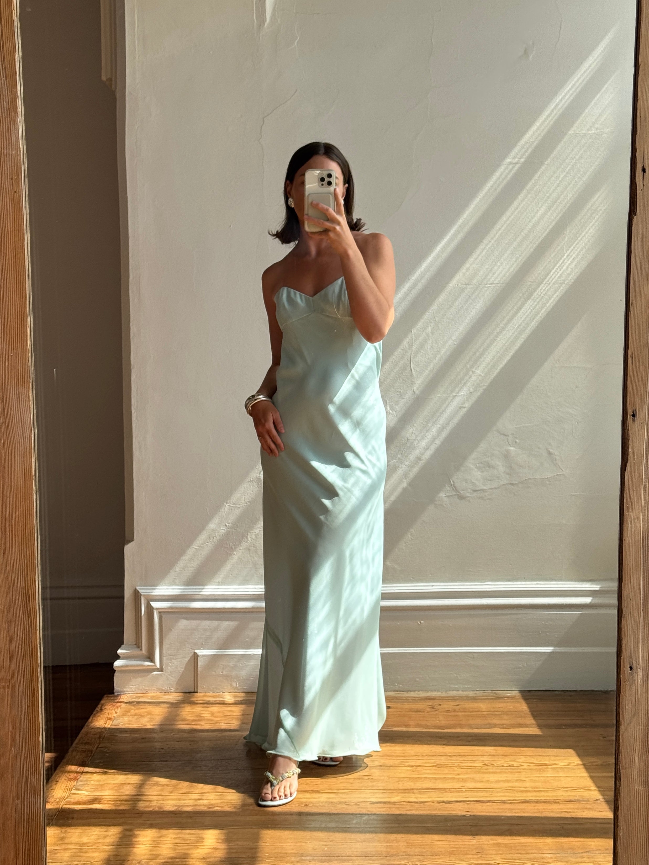 Vintage 90s Aqua Shimmer Strapless Gown