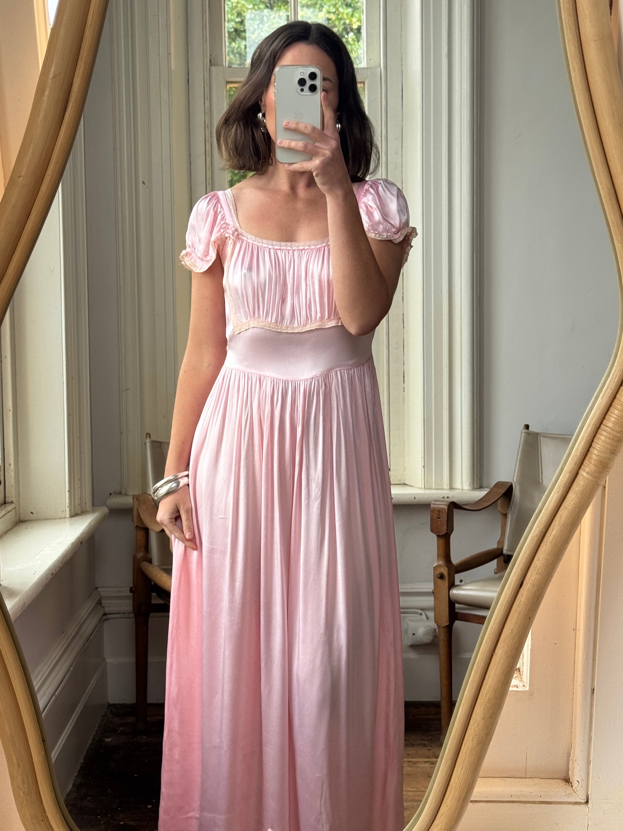 Vintage 30s Baby Pink Liquid Satin Slip with Creme Lace Trim