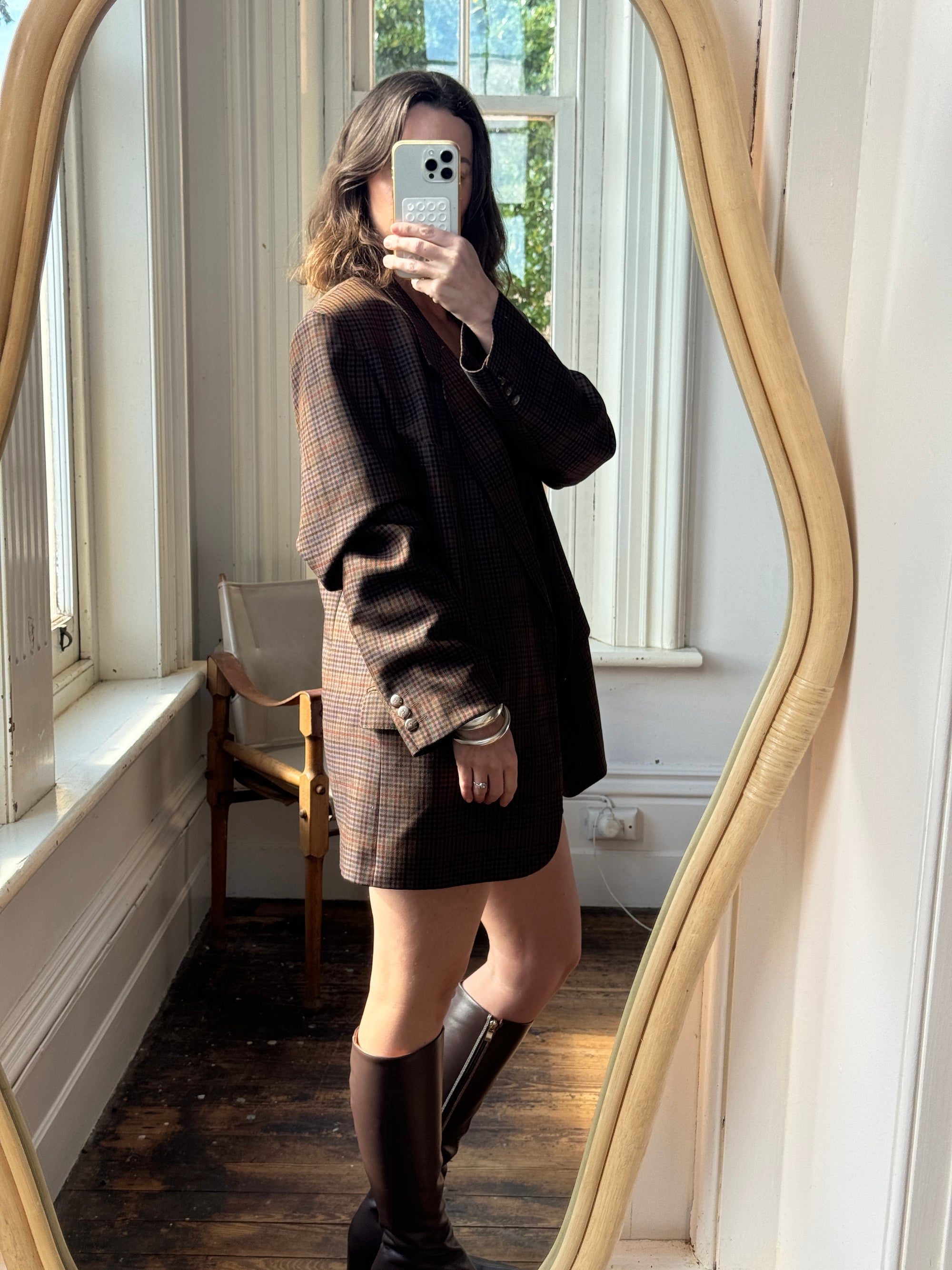 Vintage 90s Chocolate and Teal Plaid Tailored Blazer