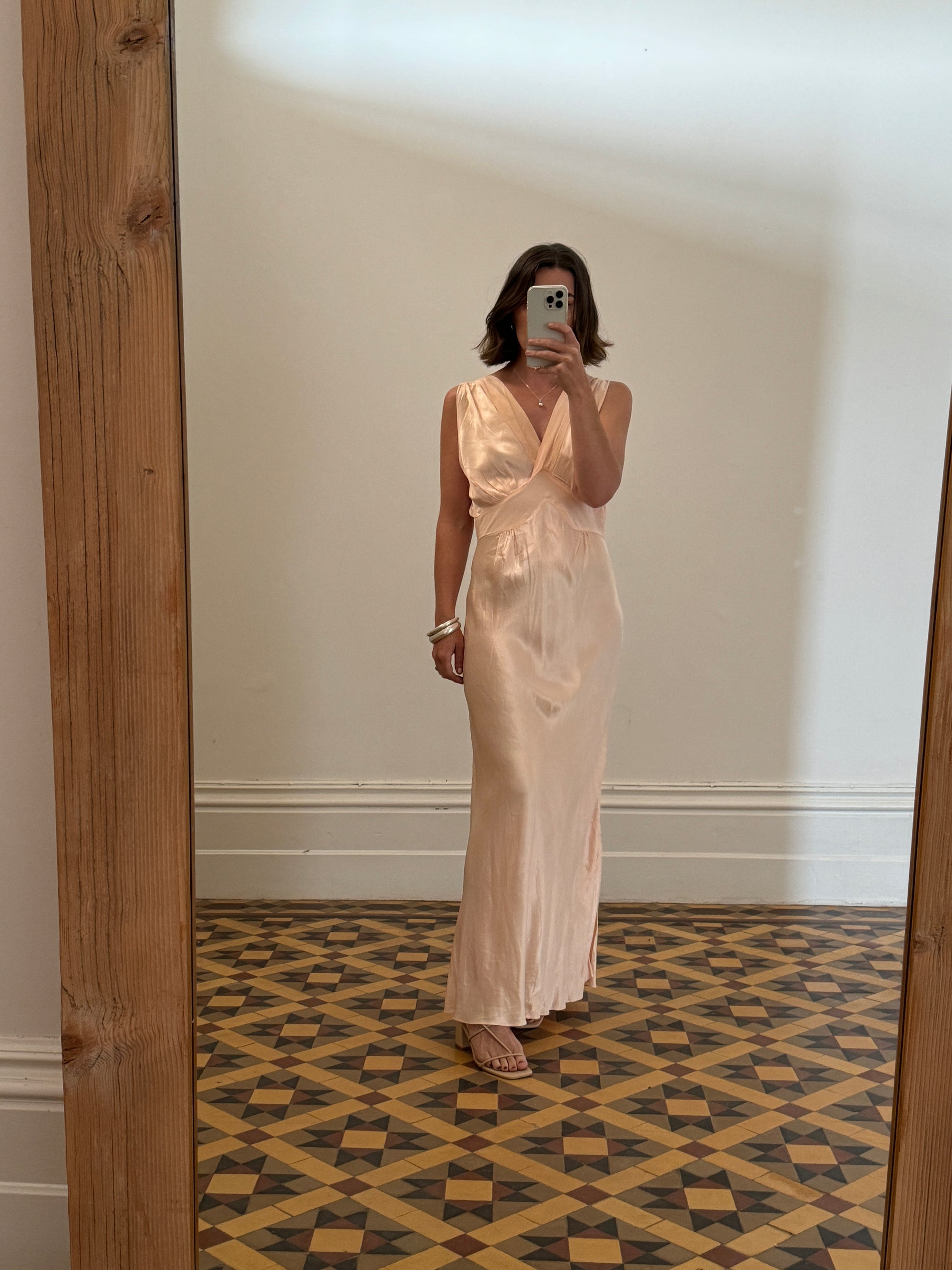 Vintage Liquid Satin V Neck Slip Dress Peach