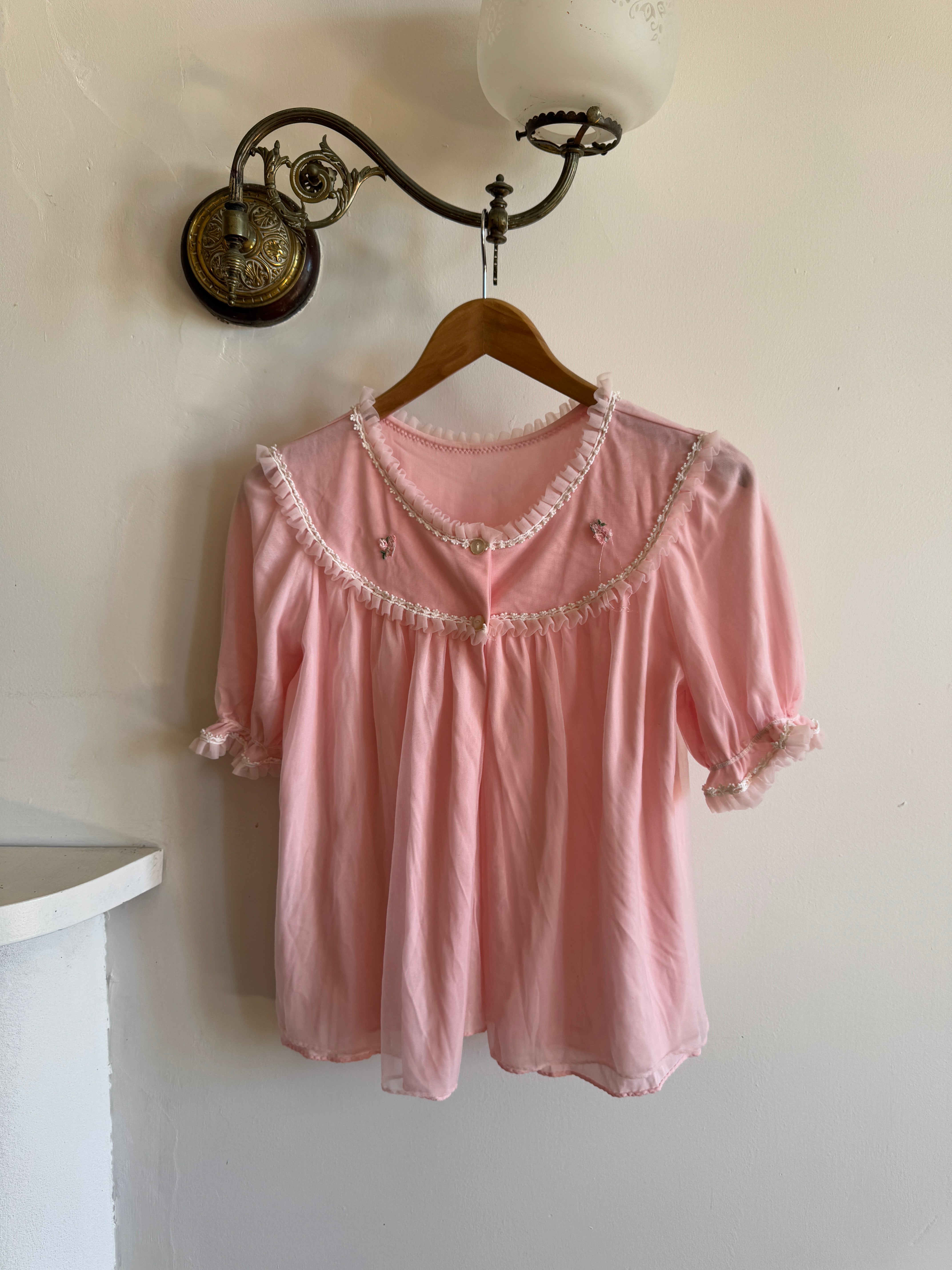 Vintage 60s Button Up Embroidered Frill Top Marshmallow