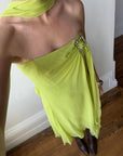 Vintage Y2K Chartreuse Strapless Pure Silk Brooch Dress