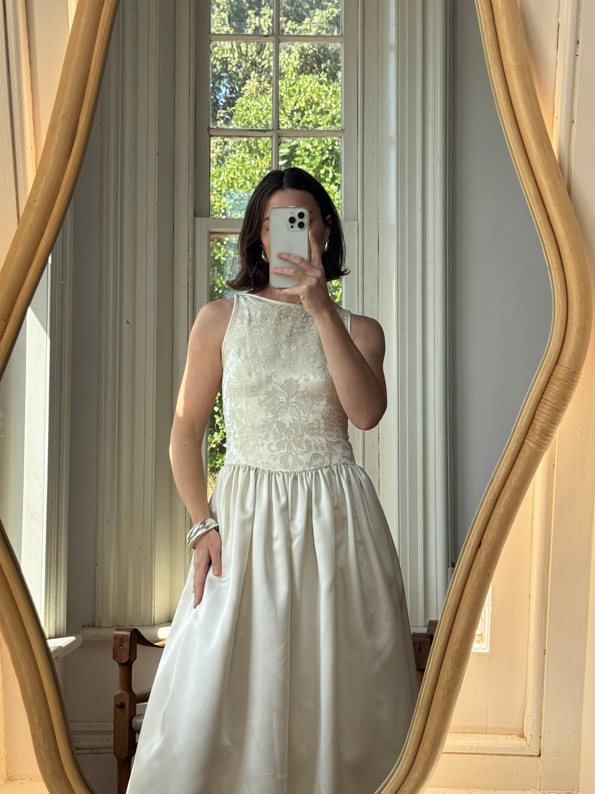 Vintage 90s Brocade High Front Satin Wedding Gown Champagne