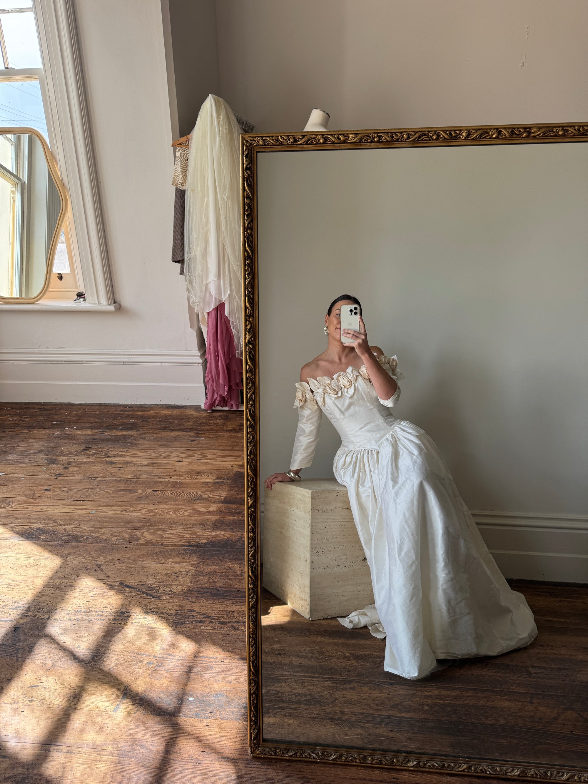 Vintage 80s Pure Silk Rosette Off Shoulder Gown