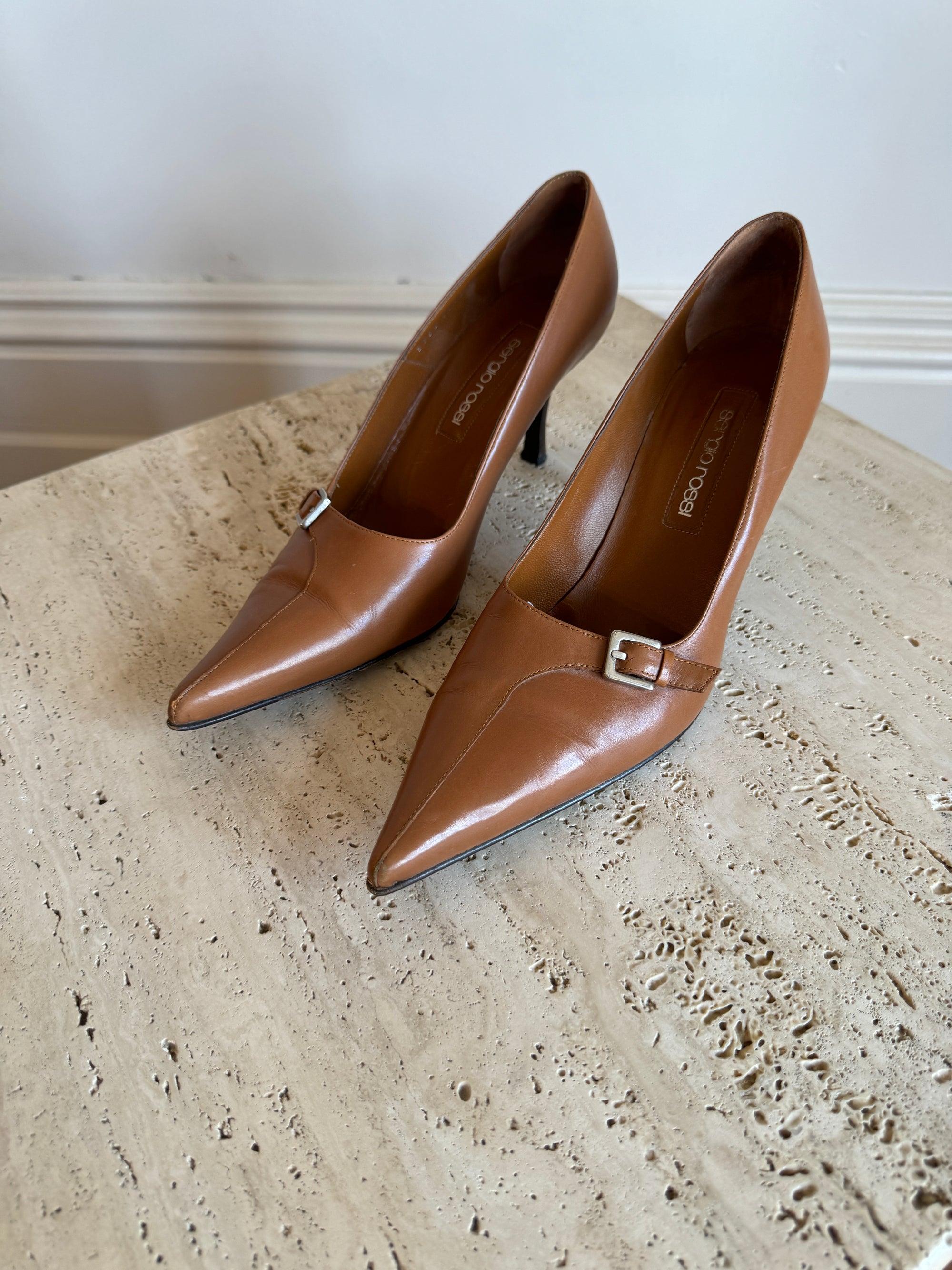Vintage Sergio Rossi Buckle Heels Tan Leather