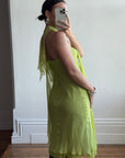 Vintage Y2K Chartreuse Strapless Pure Silk Brooch Dress
