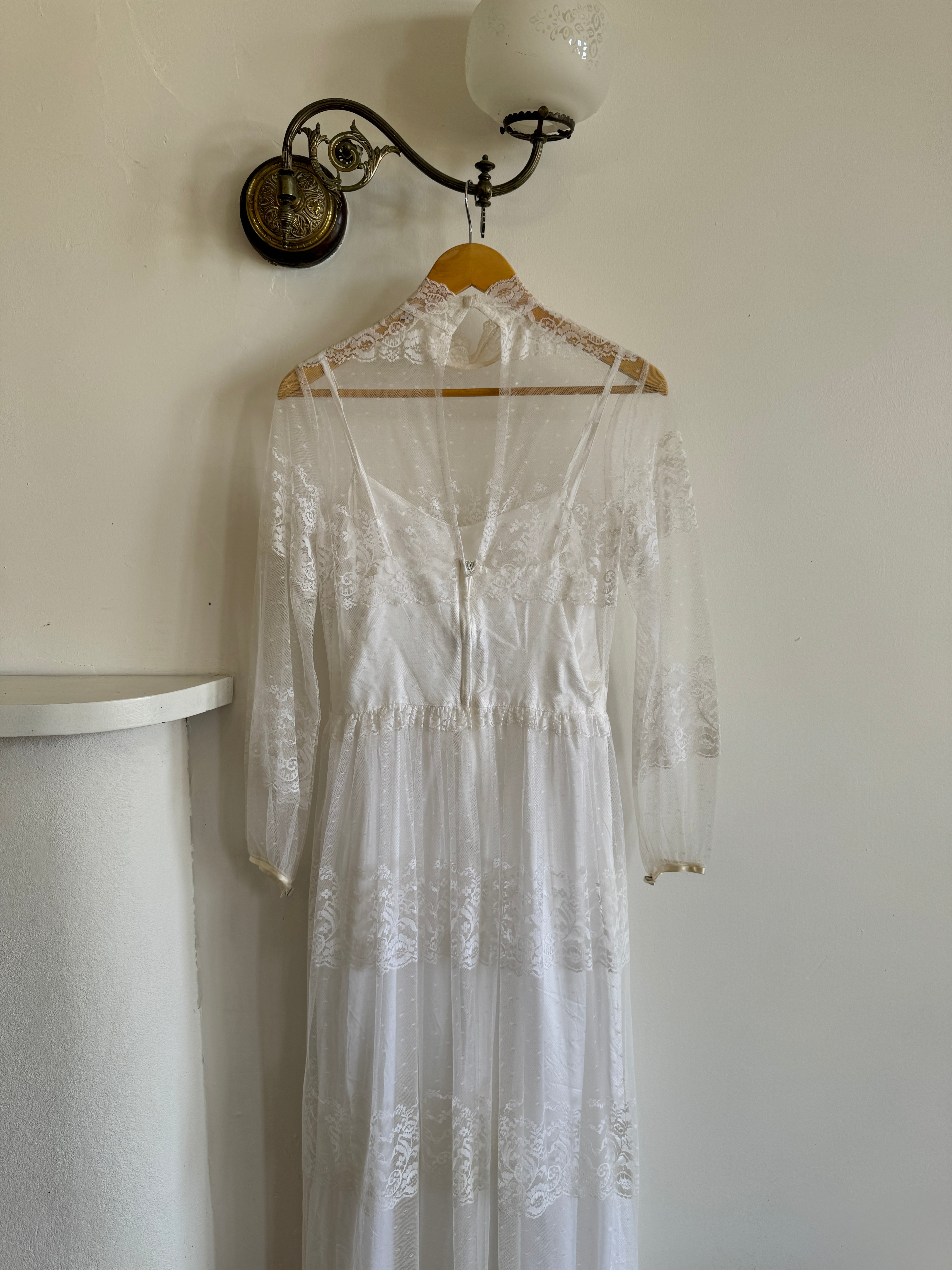 Vintage 70s Lace Long Sleeved High Neck Wedding Dress