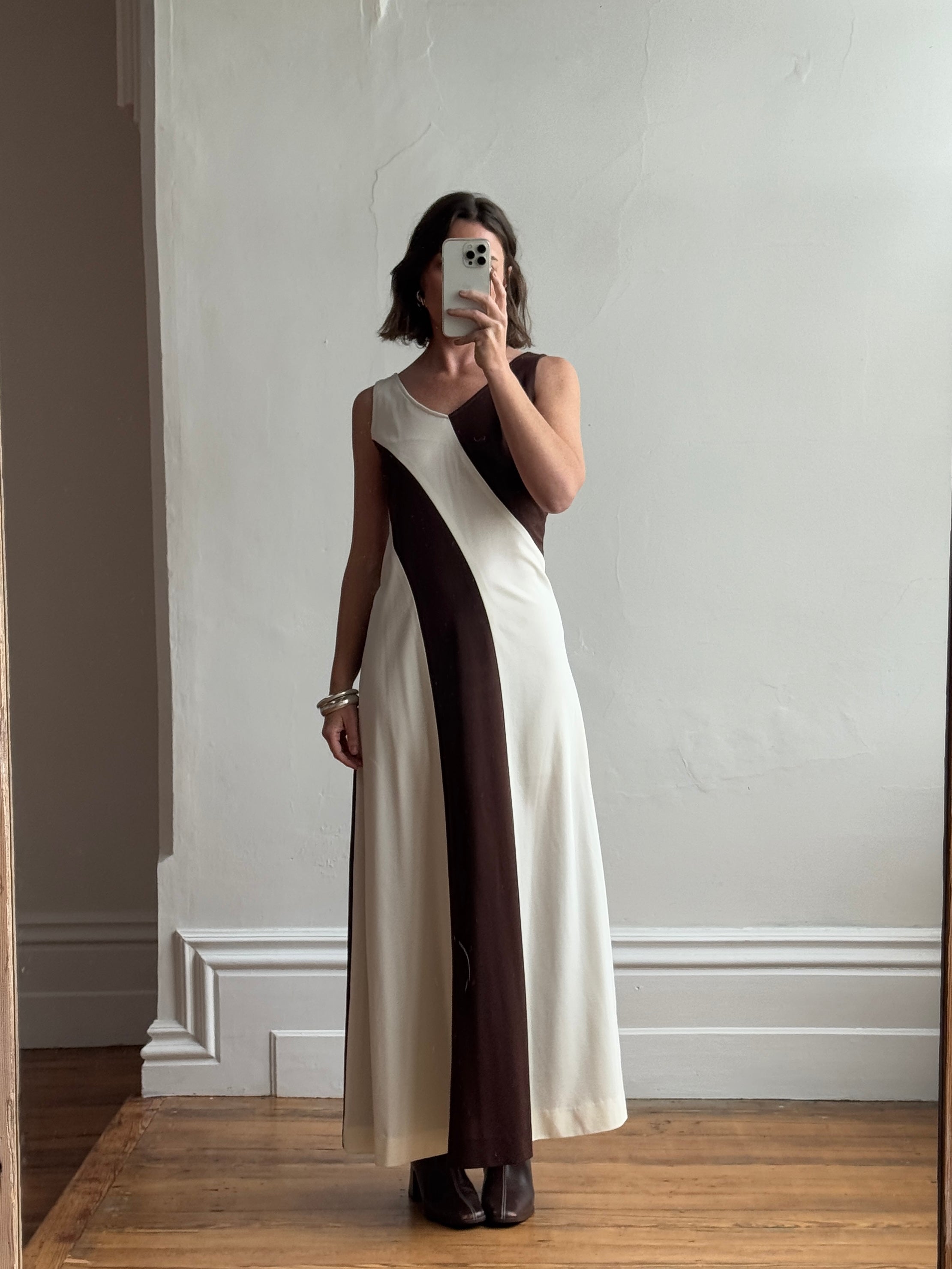Vintage 60s Chocolate Swirl Jersey Maxi Dress