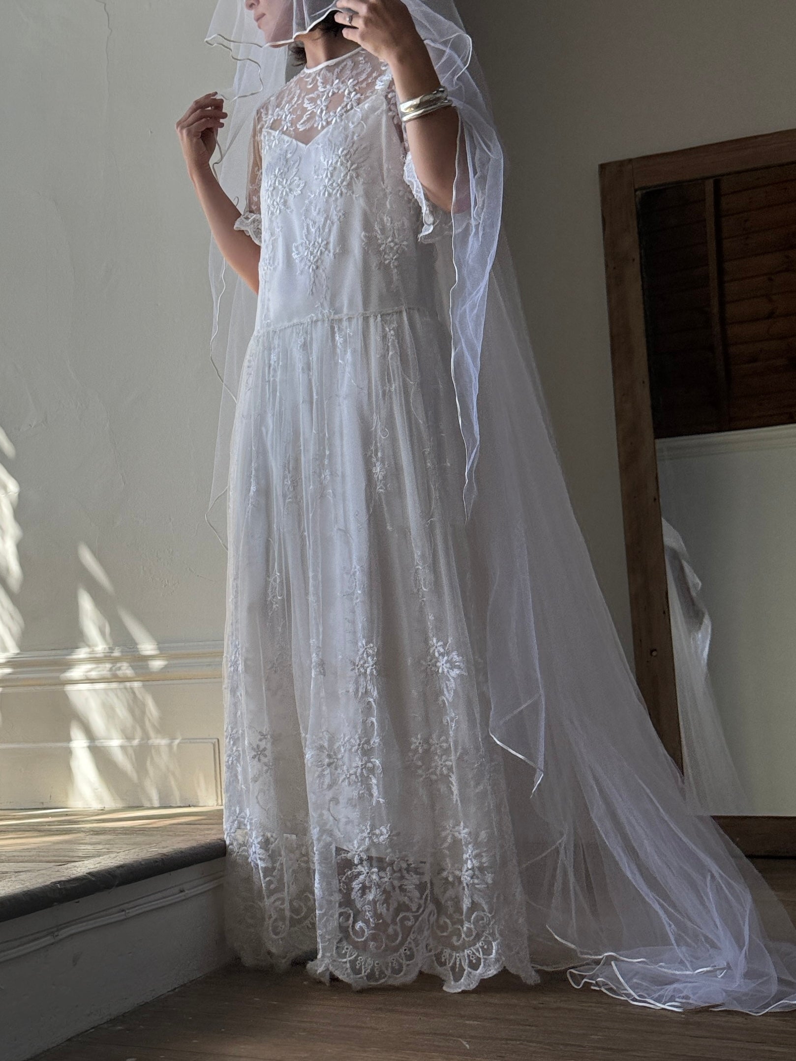 Vintage Full Length Tiered Bridal Veil with Cage Headpiece