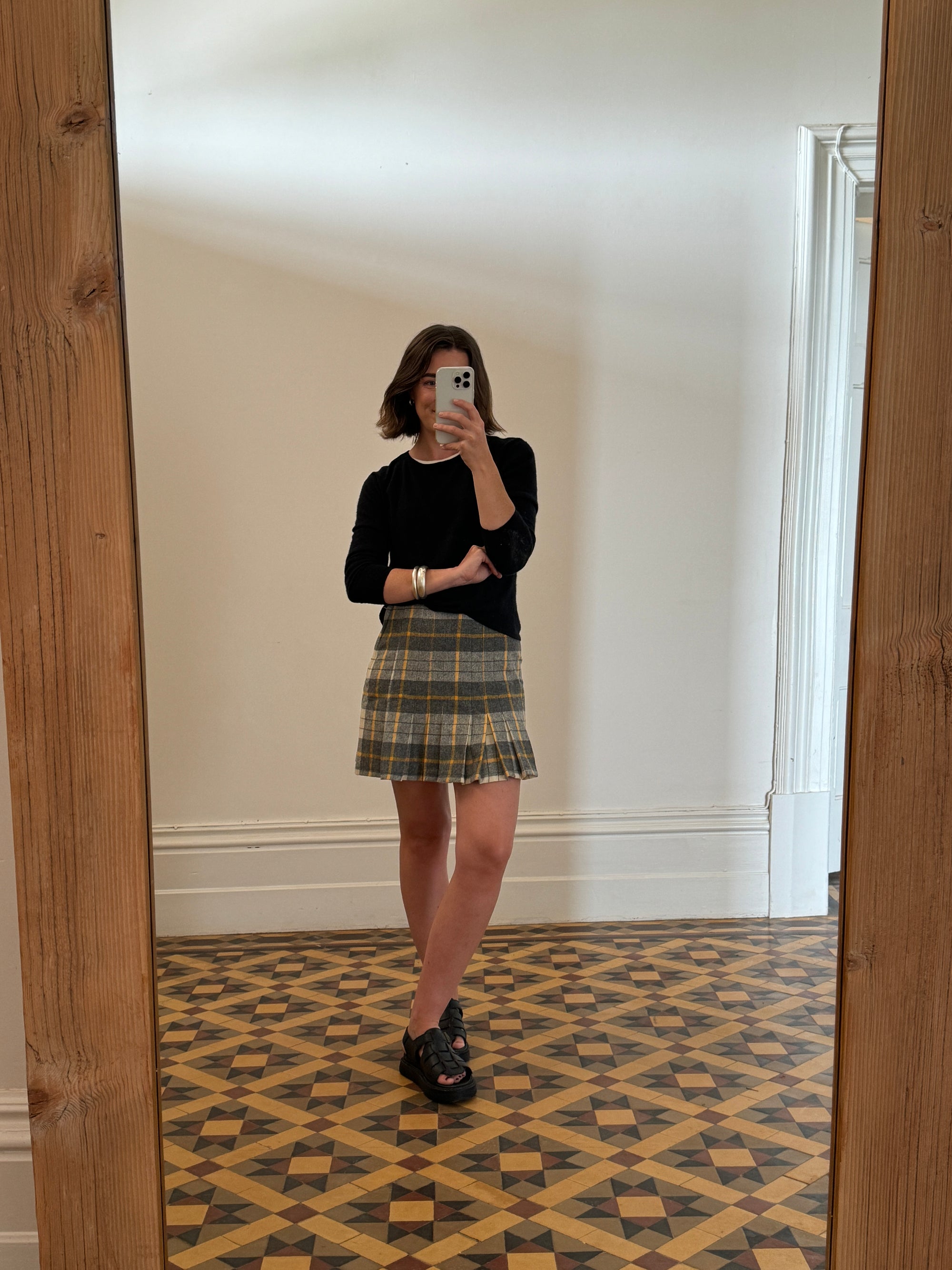 Vintage Tartan Wool Pleated Mini Skirt Light Grey