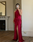 Vintage 90s Crimson Satin Ruched Bias Gown