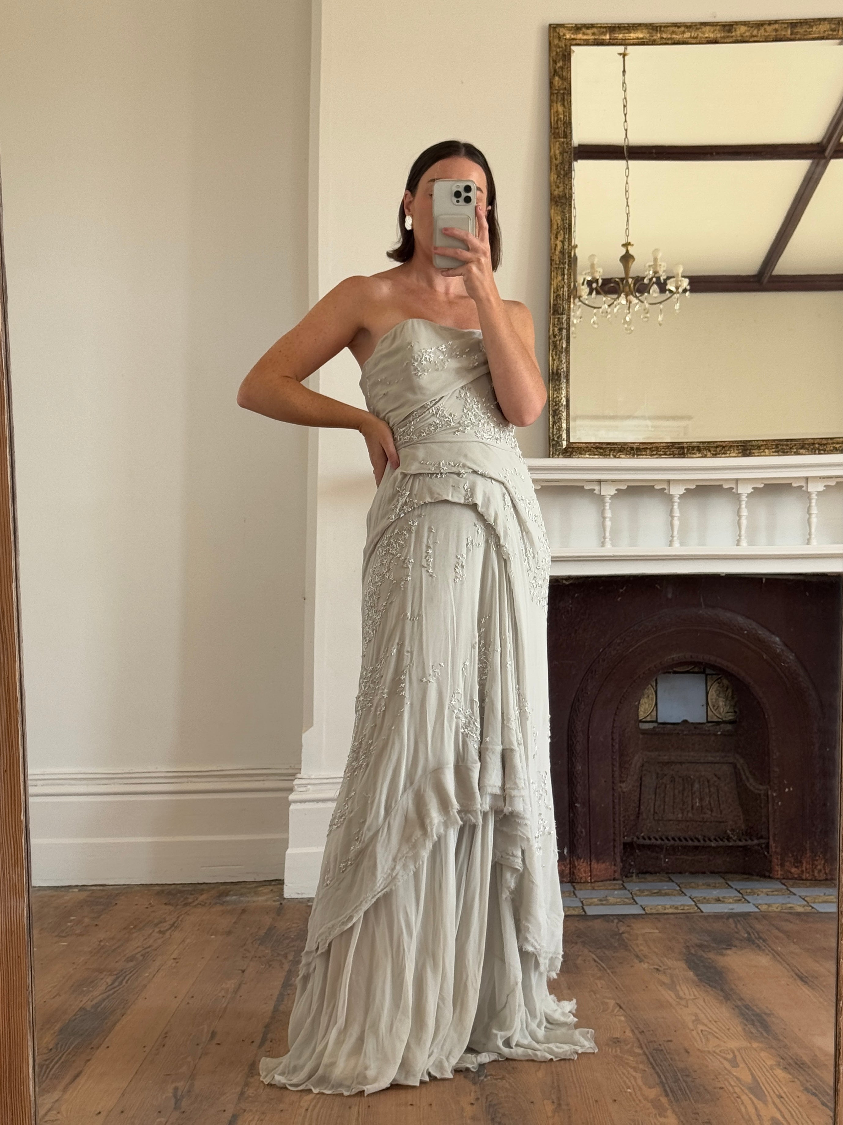 Archival Y2K J Mendel Pure Silk Beaded Wedding Dress Pale Grey