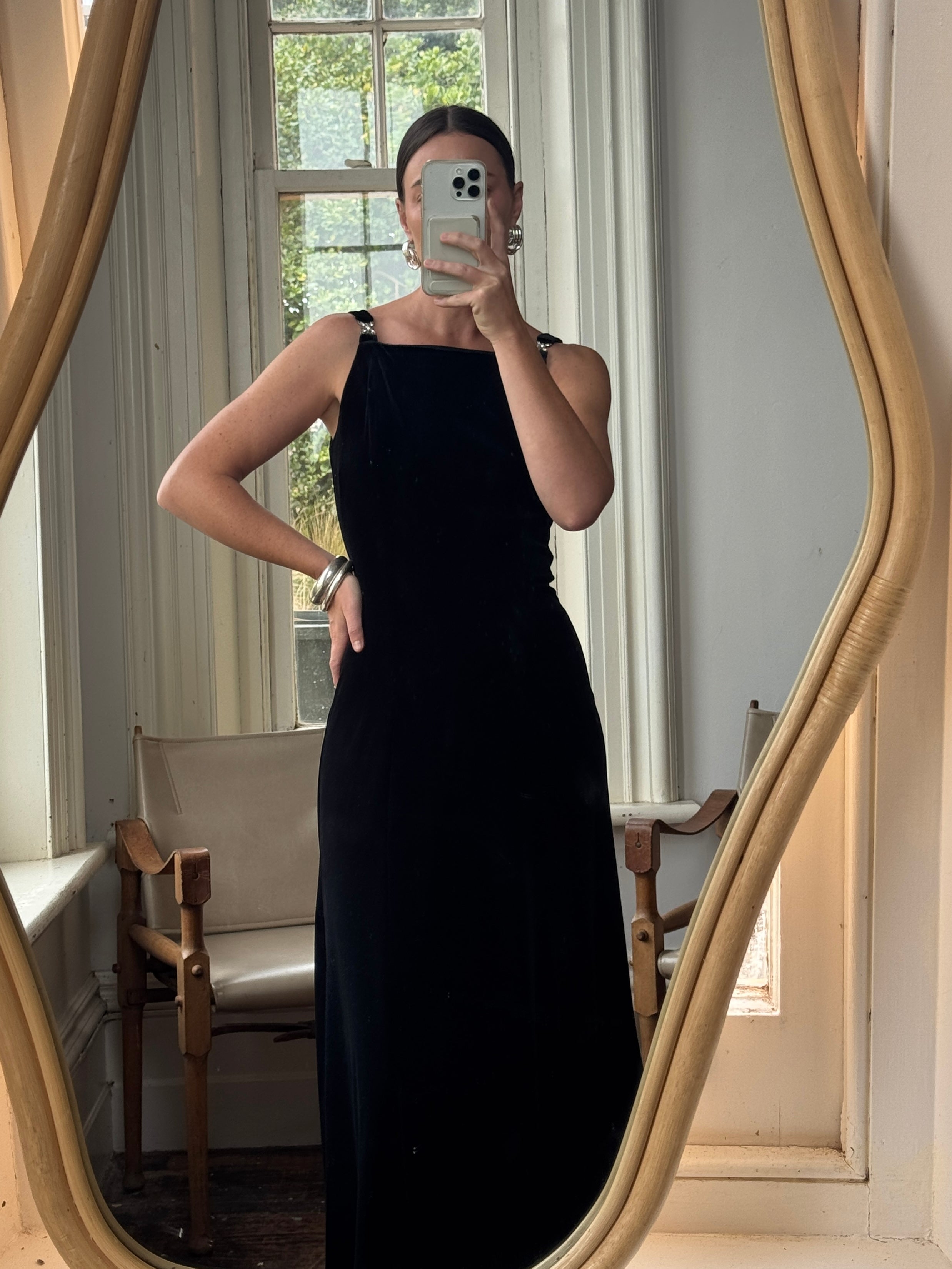 Vintage 90s Velvet High Front Evening Gown With Rhinestones
