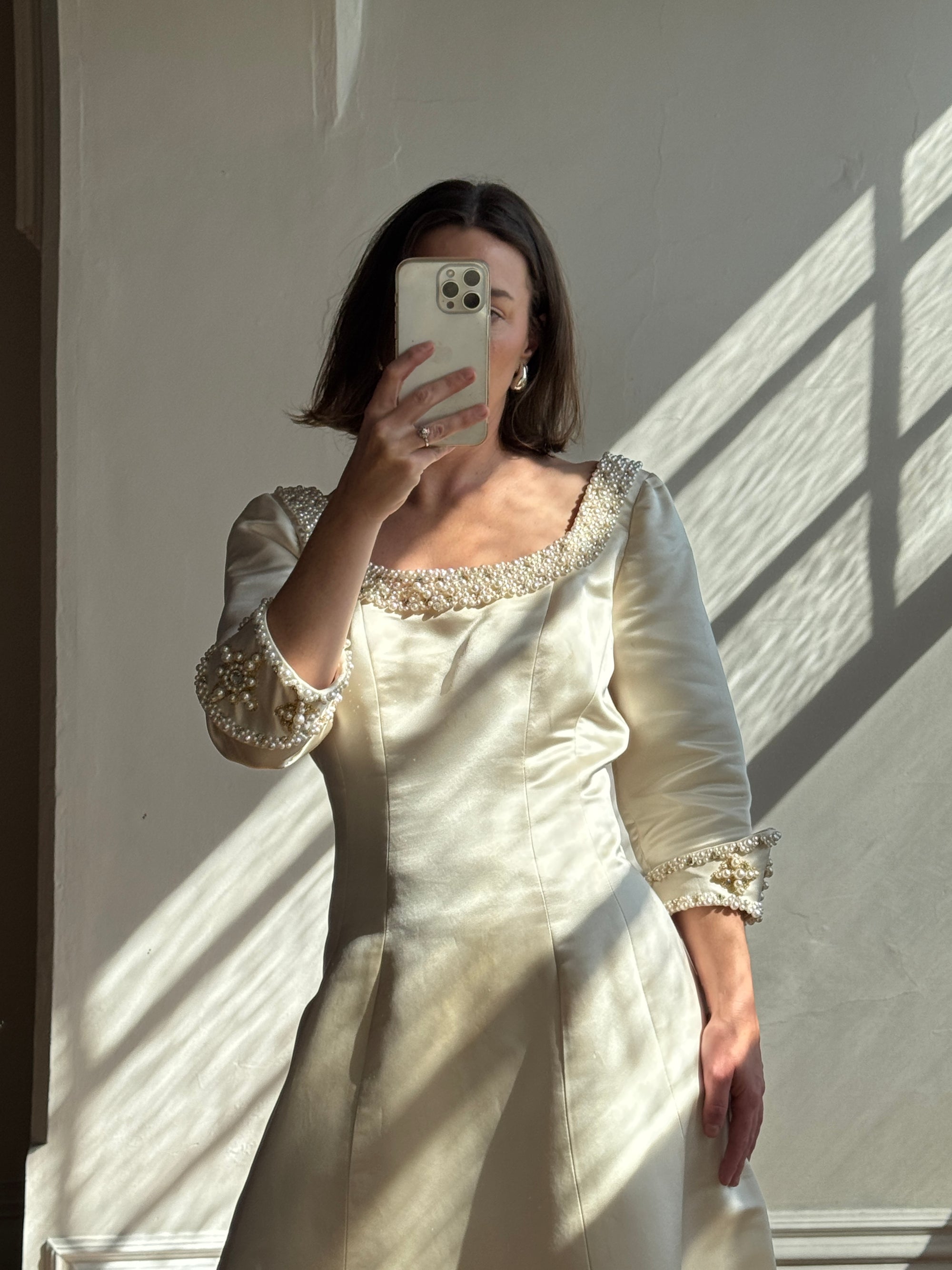 Vintage 90s Pure Silk Satin Baroque Scoop Neck Wedding Gown and Veil