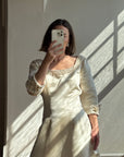 Vintage 90s Pure Silk Satin Baroque Scoop Neck Wedding Gown and Veil