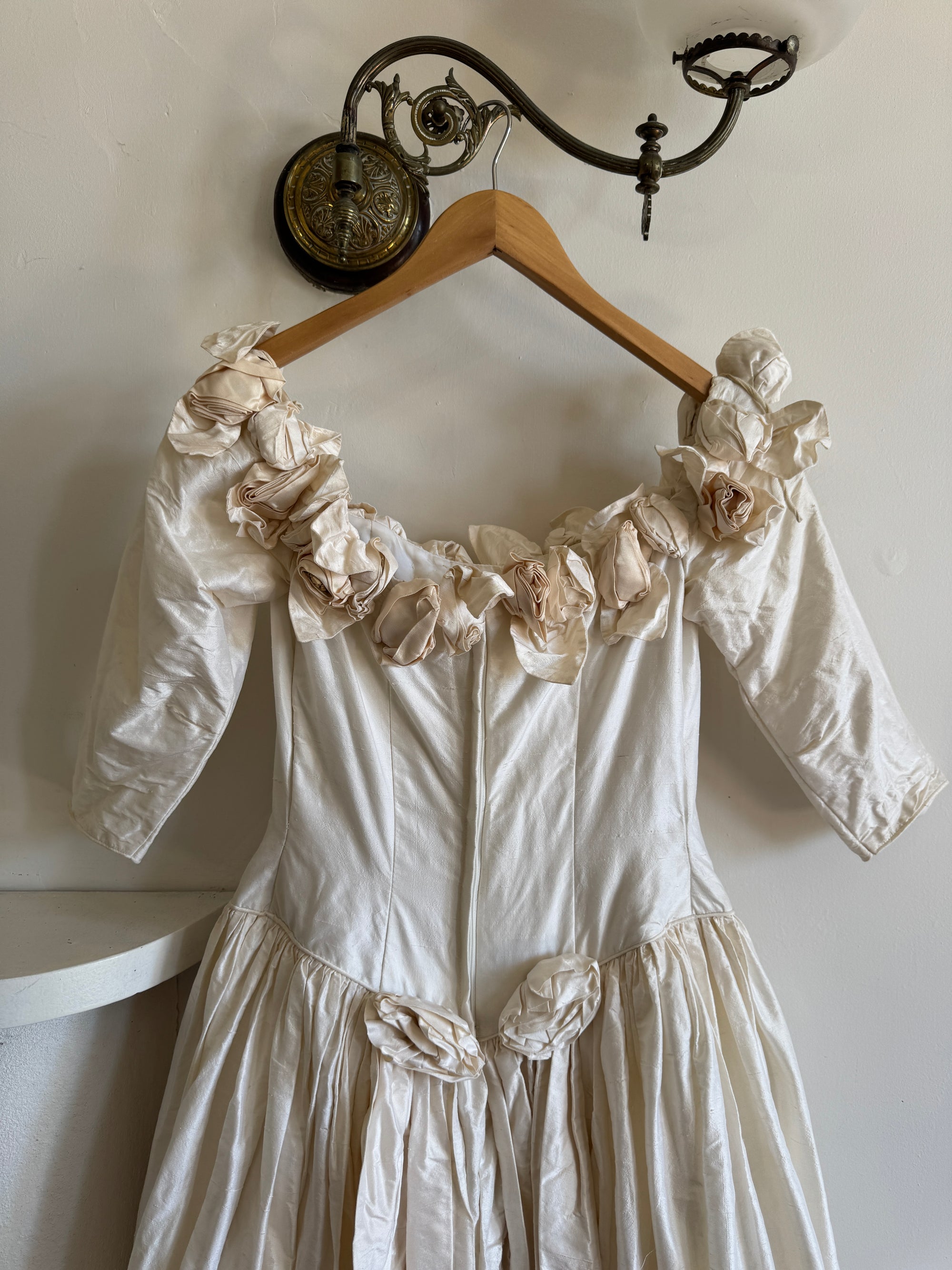 Vintage 80s Pure Silk Rosette Off Shoulder Gown