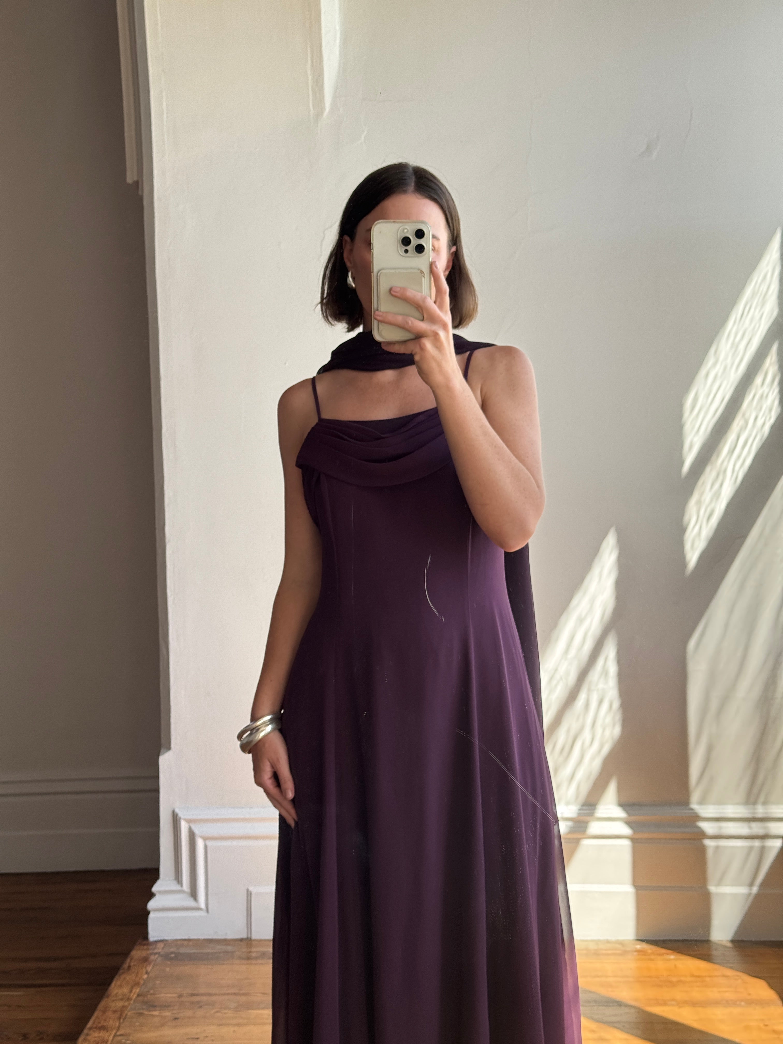 Vintage 90s Eggplant Cowl Neck Dress With Scarf