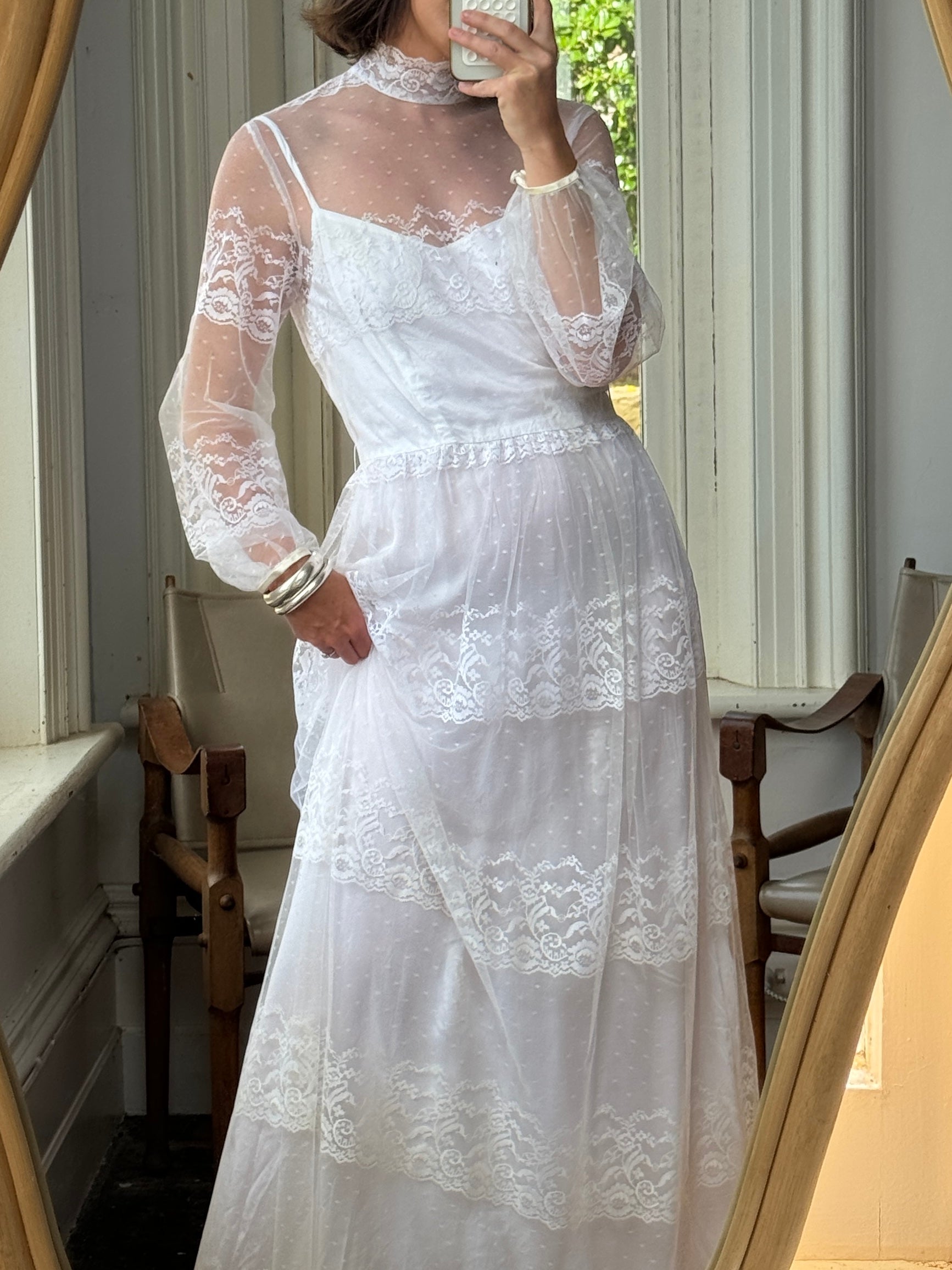 Vintage 70s Lace Long Sleeved High Neck Wedding Dress