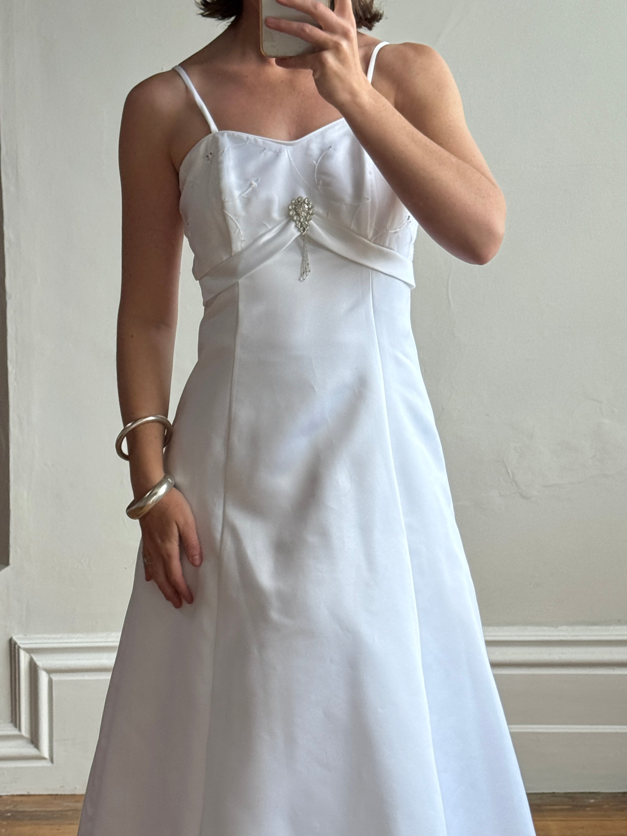Vintage 90s A-Line Satin Wedding Dress with Rhinestone Pendant