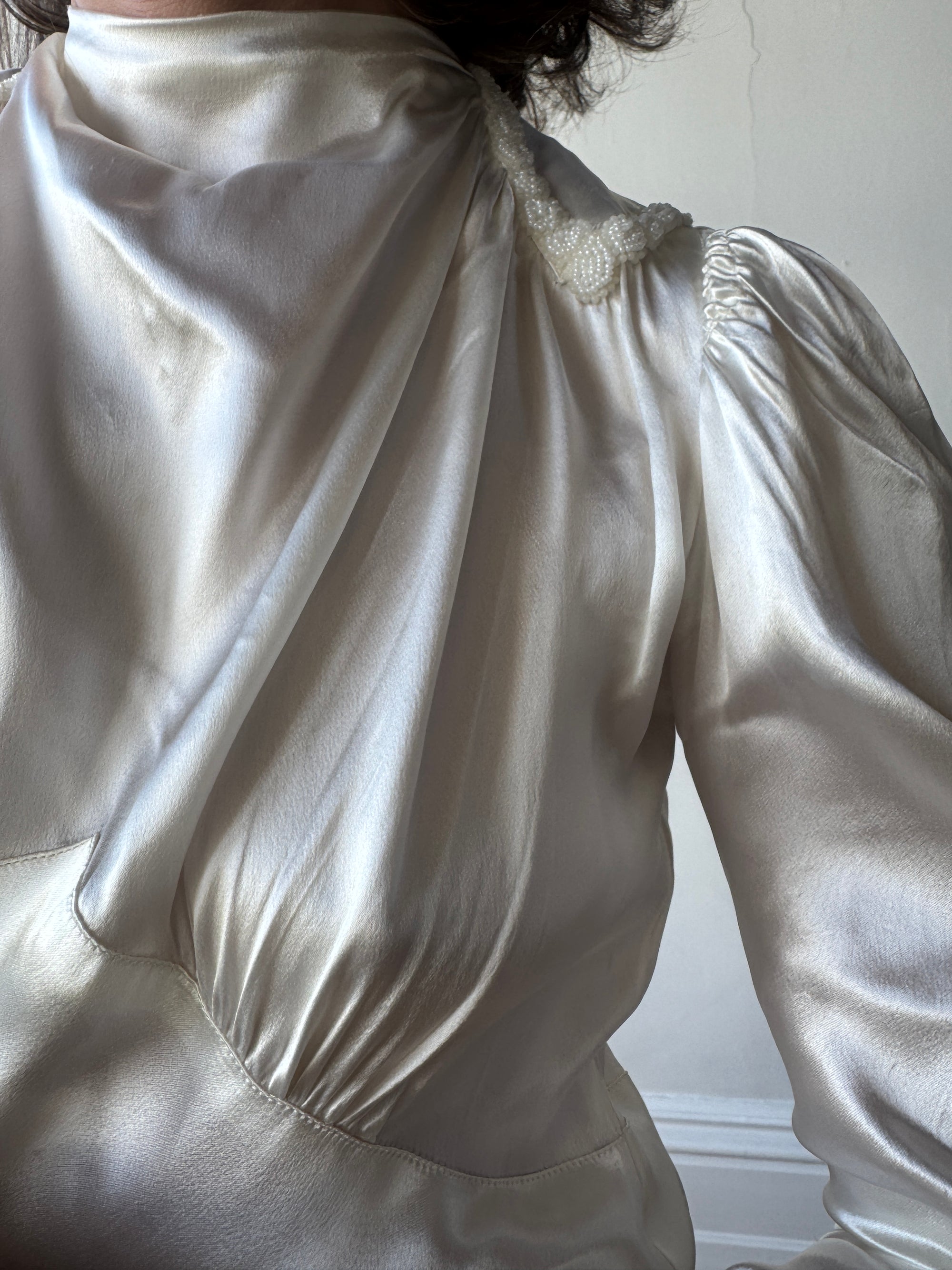 Vintage 40s Liquid Satin Beaded Wedding Gown with Chapel Train