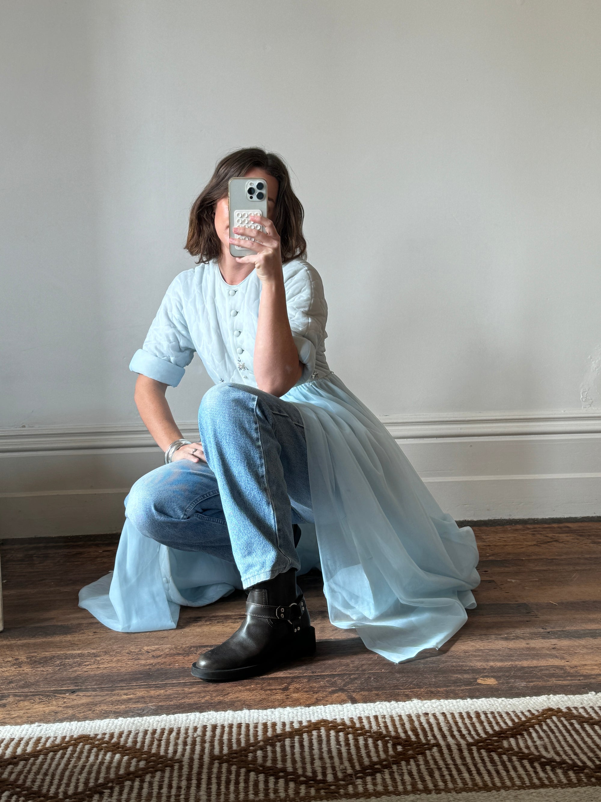 Vintage 50s Quilted Dress With Beading Baby Blue