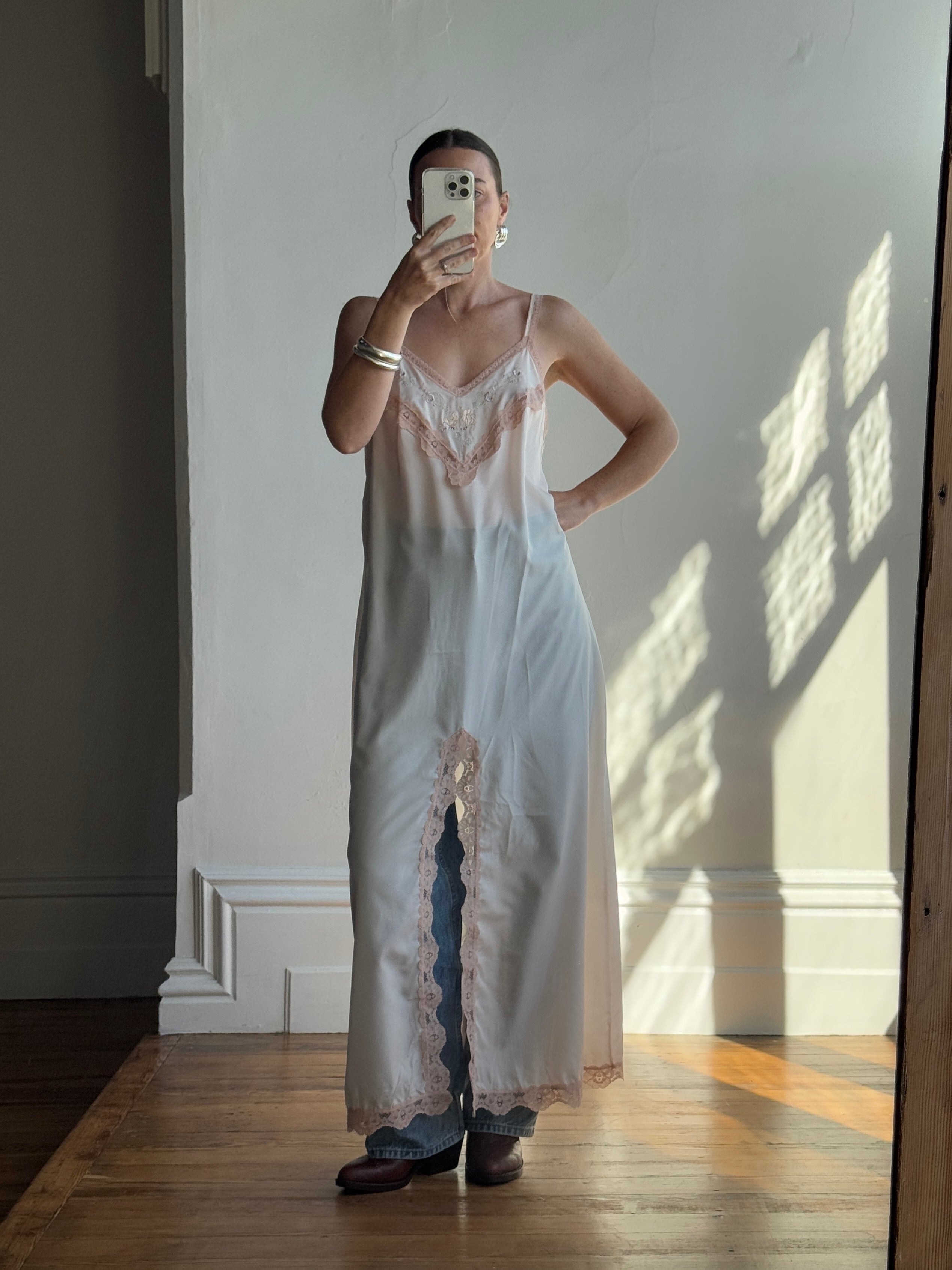 Vintage Embroidered Lace Midi Slip Dress Marshmallow