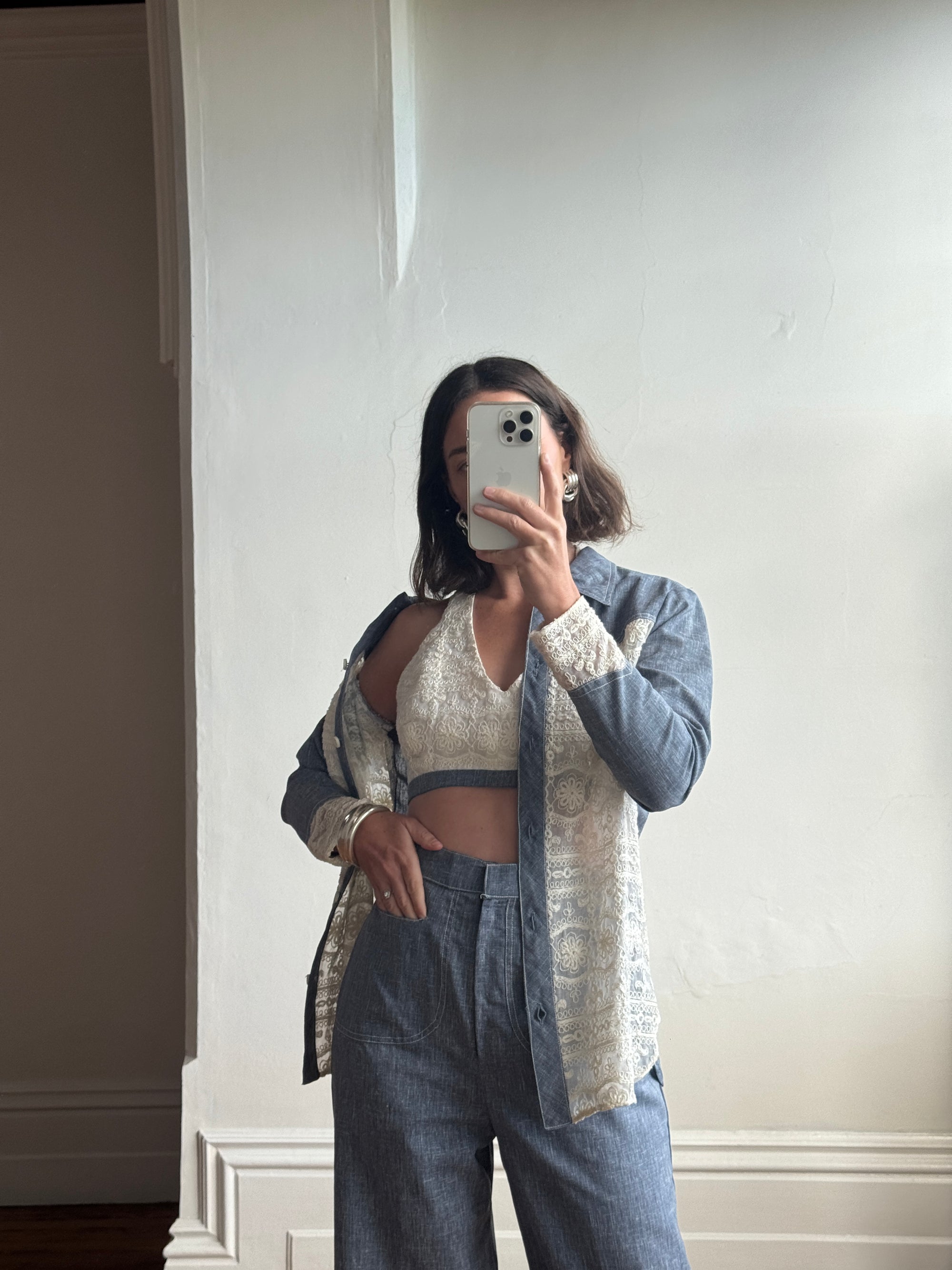 Vintage 70s 3 piece Chambray and Lace Western Set