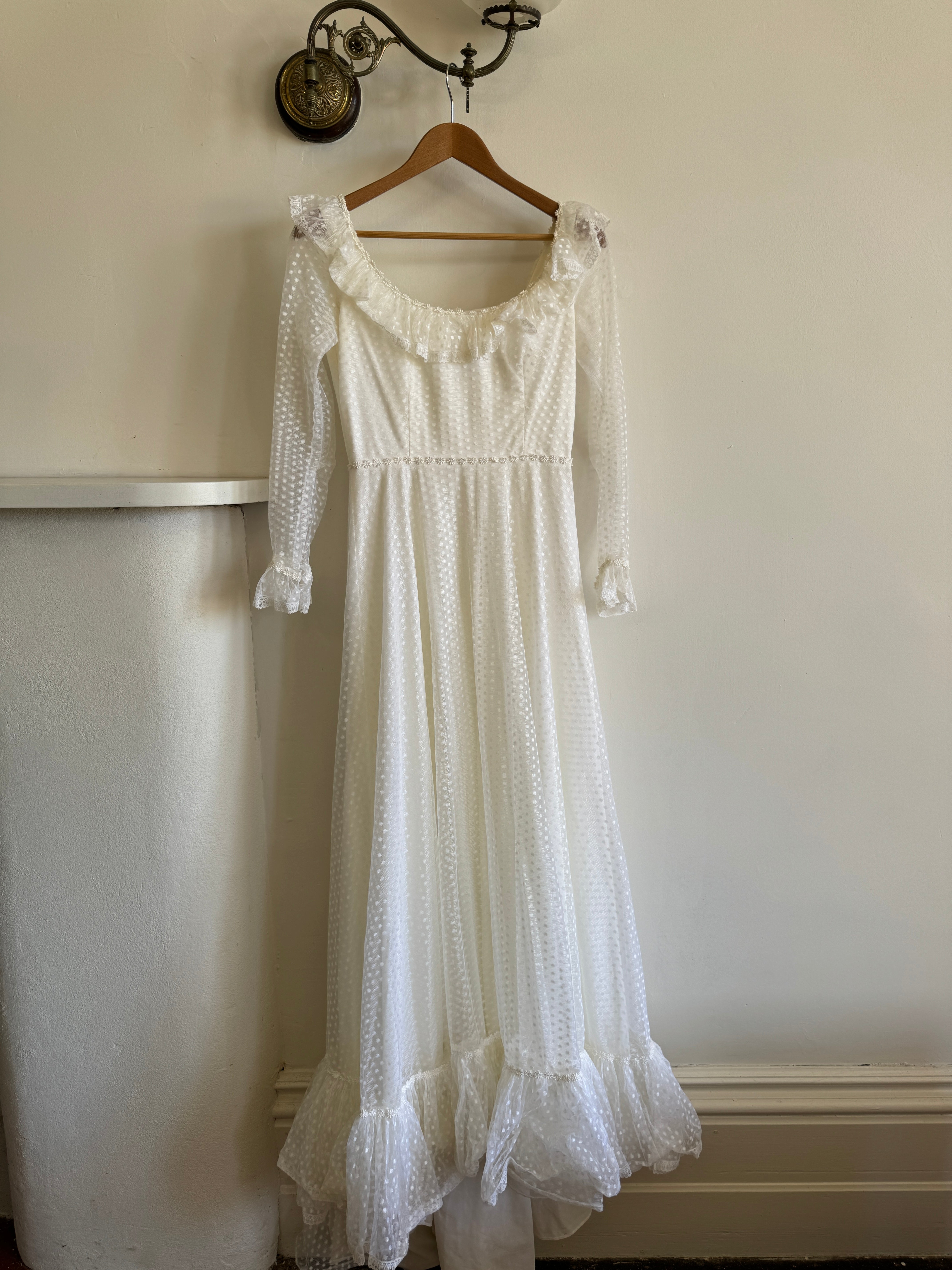 Vintage 70s Polka Scoop Neck Wedding Dress