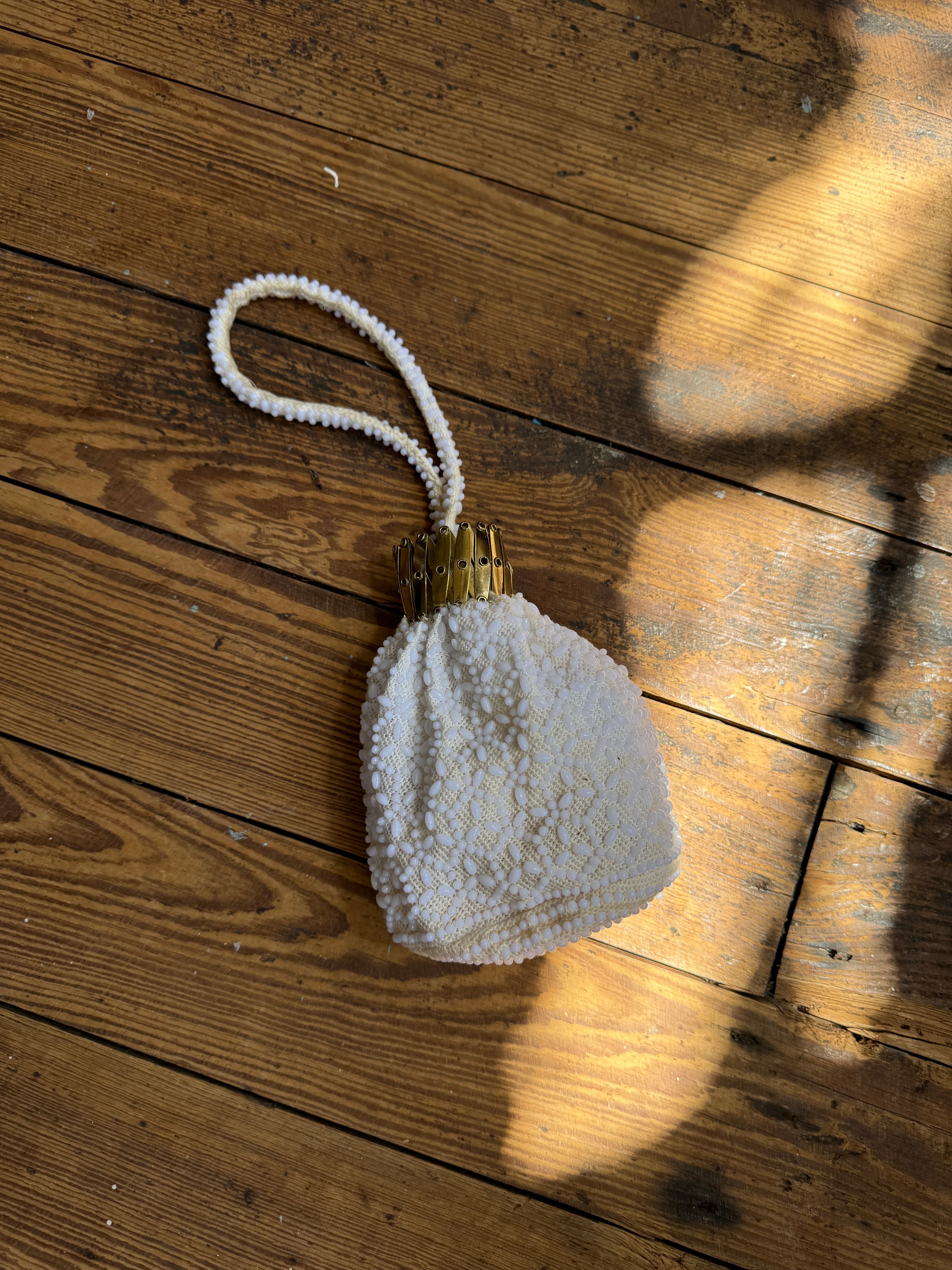 Vintage 70s Beaded Bridal Pouch with Accordian Opening