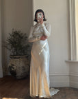 Vintage 40s Liquid Satin Wedding Gown Jester Lace Neckline