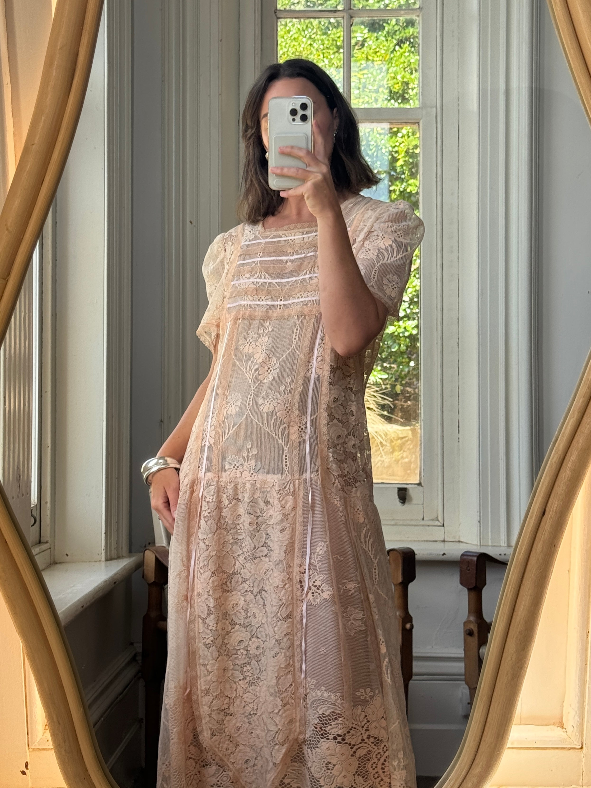 Vintage 70s Peach Cotton Lace Drop Waist Dress